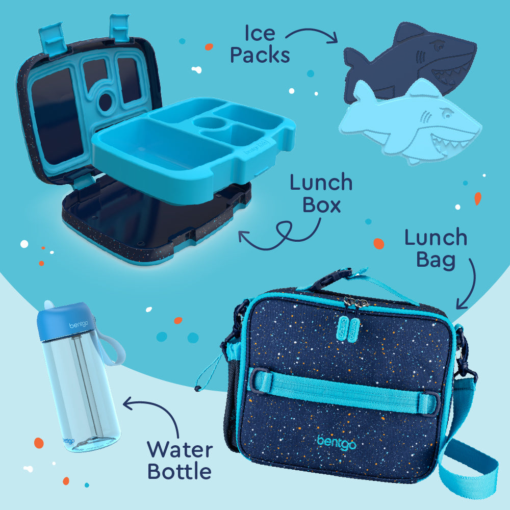 Bentgo® Kids Prints Lunch 5-Piece Set with Ice Packs - Abyss Blue Speckle Confetti | This Set Includes A Lunch Box, Lunch Bag, Water Bottle, and Ice Packs