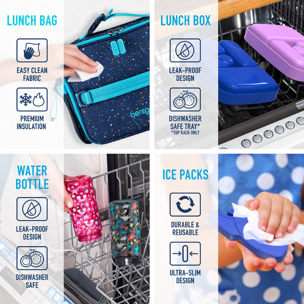 Bentgo® Kids Prints Lunch 5-Piece Set with Ice Packs - Abyss Blue Speckle Confetti | This Set Contains A Lunch Bag With Easy Clean Fabric, A Lunch Box With Leak-Proof Design, A Water Bottle With Leak-Proof Design, And Ice Packs WIth An Ultra-Slim Design