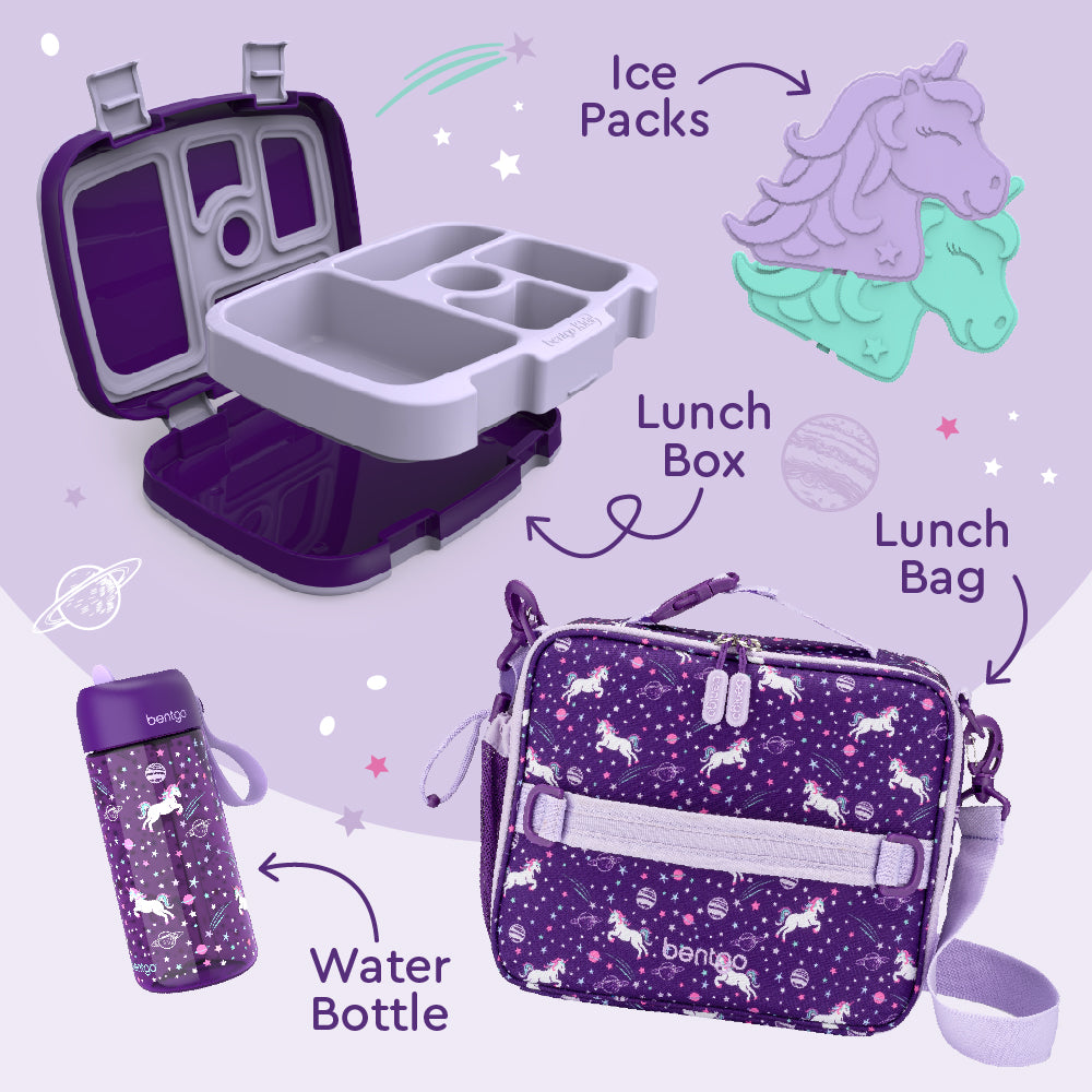 Bentgo® Kids Prints Lunch 5-Piece Set with Ice Packs - Unicorn | This Set Includes A Lunch Box, Lunch Bag, Water Bottle, and Ice Packs