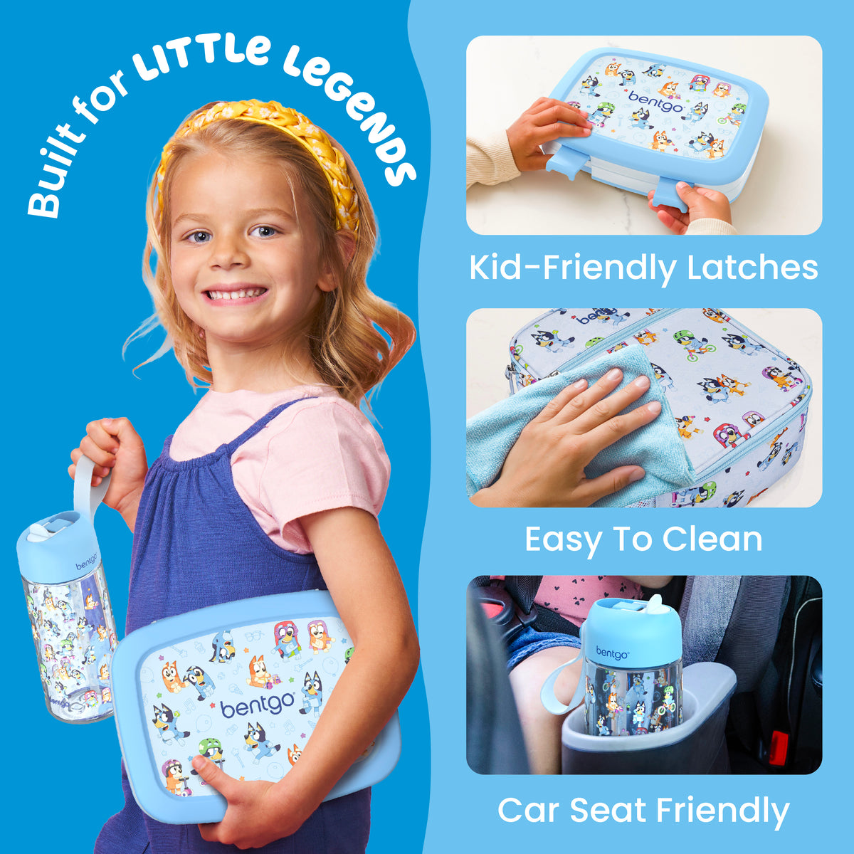 Bentgo® + Bluey Kids 3-Piece Lunchtime Trio Set | Play Date - Built for Little Legends - Kid-Friendly Latches, Easy To Clean, and Car Seat Friendly
