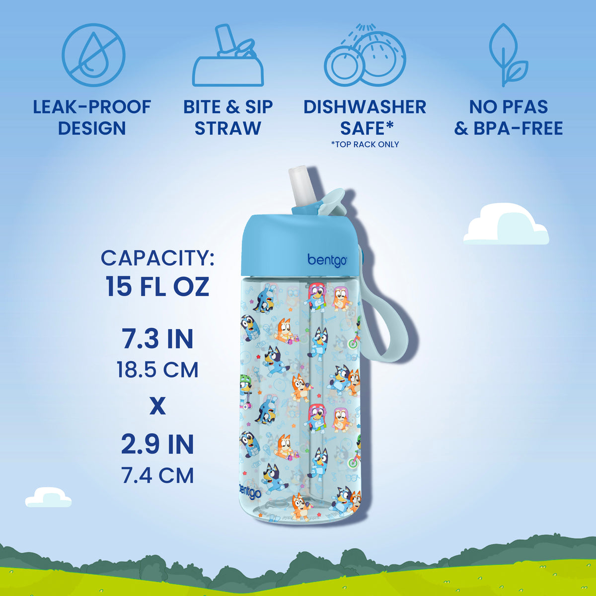 Bentgo® + Bluey Kids 3-Piece Lunchtime Trio Set | Play Date - Leak-Proof Design, Bite & Sip Straw, Dishwasher Safe, and No PFAs & BPA-Free | Water Bottle Dimensions