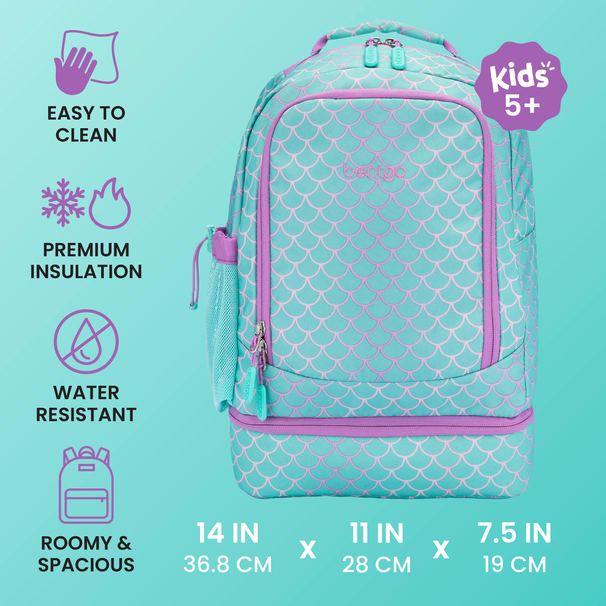 Bentgo® Kids Prints 2-in-1 Backpack & Lunch Bag - Mermaid Scales | Easy To Clean, Premium Insulation, Water Resistant, and Roomy & Spacious | Product Dimensions
