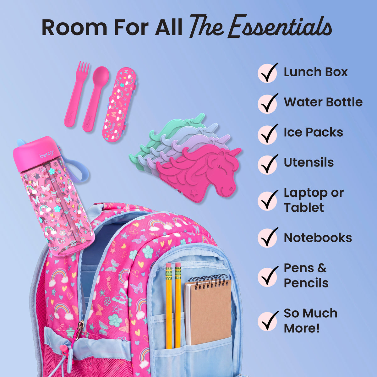 Bentgo® Kids Prints 2-in-1 Backpack & Lunch Bag - Rainbows and Butterflies | Room For All The Essentials - Lunch Box, Water Bottle, Ice Packs, Utensils, Laptop or Tablet, Notebooks, Pens & Pencils, and So Much More