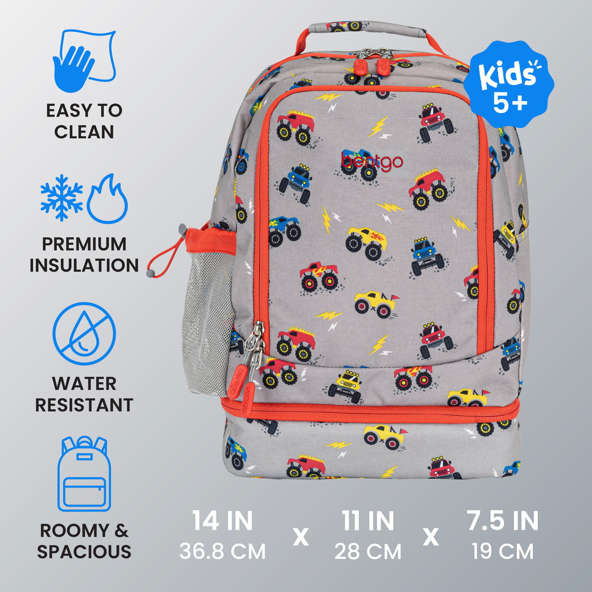 Bentgo® Kids Prints 2-in-1 Backpack & Lunch Bag - Trucks | Easy To Clean, Premium Insulation, Water Resistant, and Roomy & Spacious | Product Dimensions
