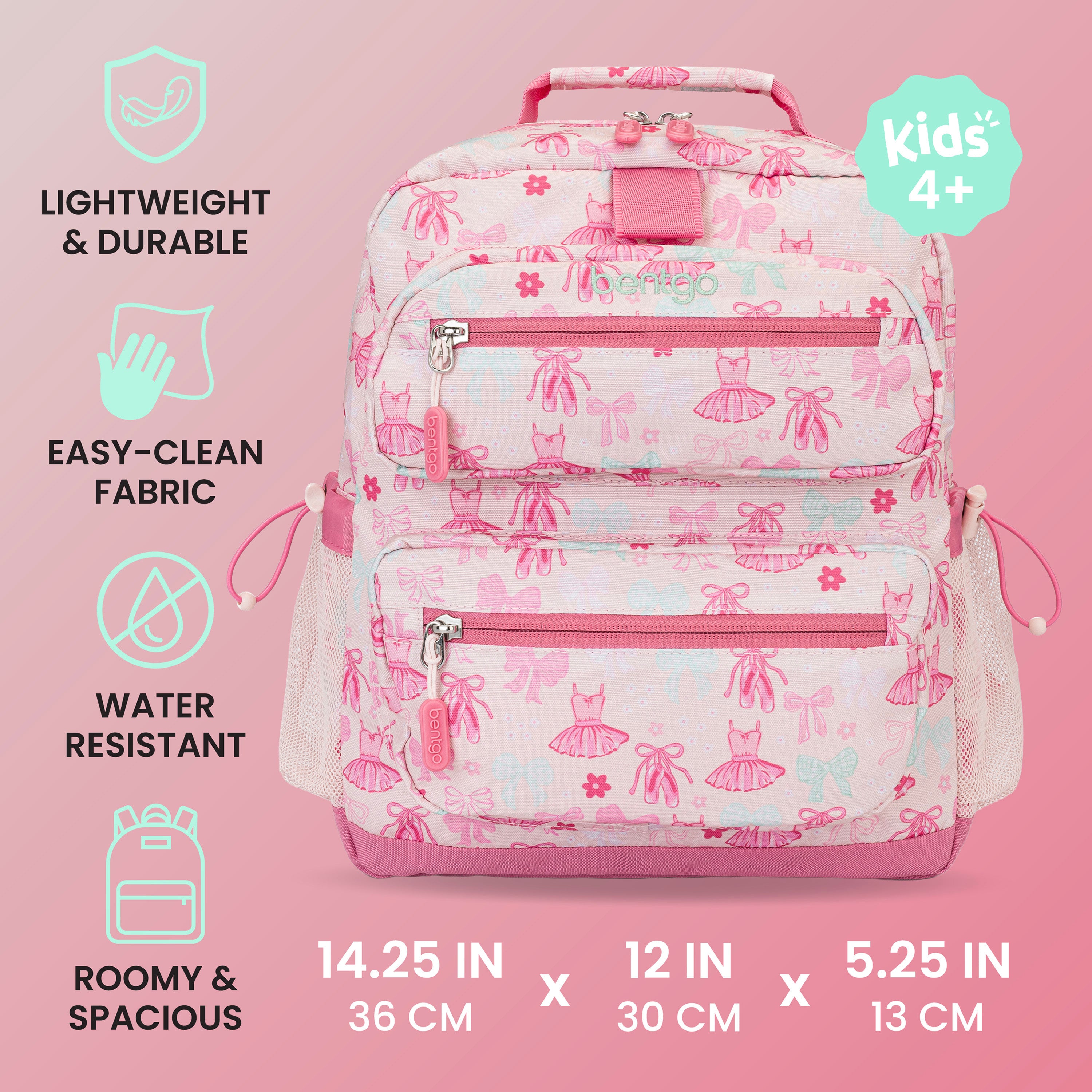 Bentgo Kids Prints Backpack - Ballet and Bows | Lightweight & Durable, Easy-Clean Fabric, Water-Resistant, Roomy & Spacious - Product Dimensions
