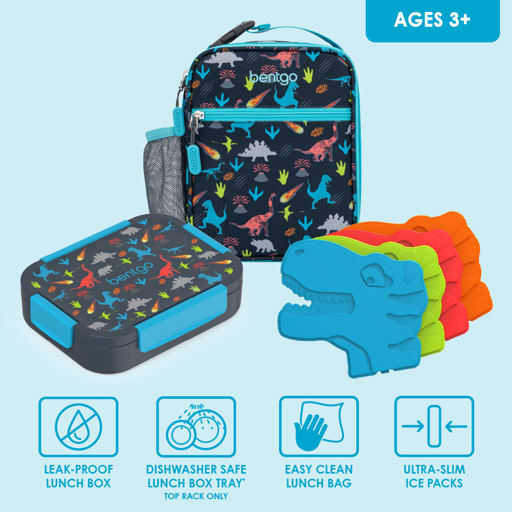 Bentgo® Kids Snap & Go Lunch Box, Insulated Lunch Tote, & Ice Packs - Dinosaur | Leak-Proof Lunch Box, Dishwasher Safe Lunch Box Tray, Easy Clean Lunch Bag, And Ultra-Slim Ice Packs