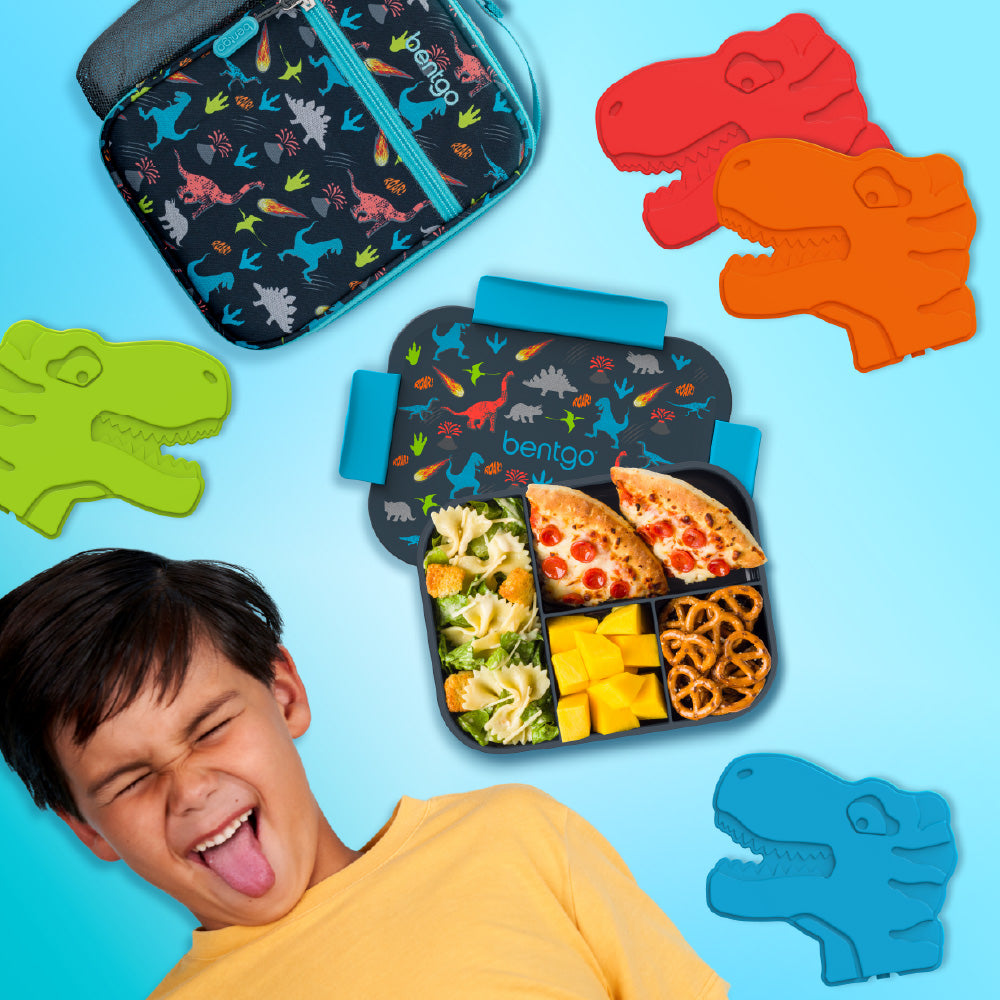 Bentgo® Kids Snap & Go Lunch Box, Insulated Lunch Tote, & Ice Packs - Dinosaur | Get The 3-Piece Bundle Including Snap & Go Lunch Box, Insulated Lunch Tote, & Ice Packs