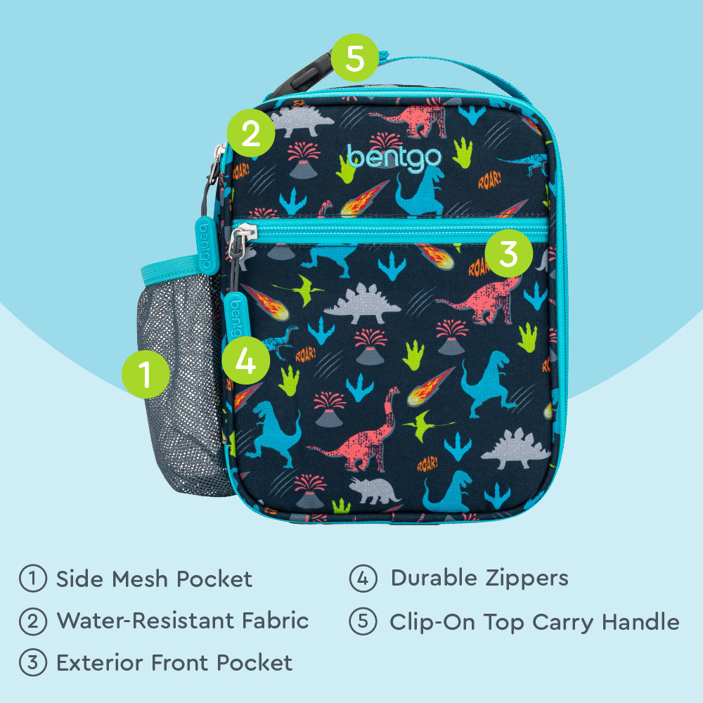 Bentgo® Kids Snap & Go Lunch Box, Insulated Lunch Tote, & Ice Packs - Dinosaur | Insulated Lunch Tote Features Side Mesh Pocket, Water-Resistant Fabric, Durable Zippers And More