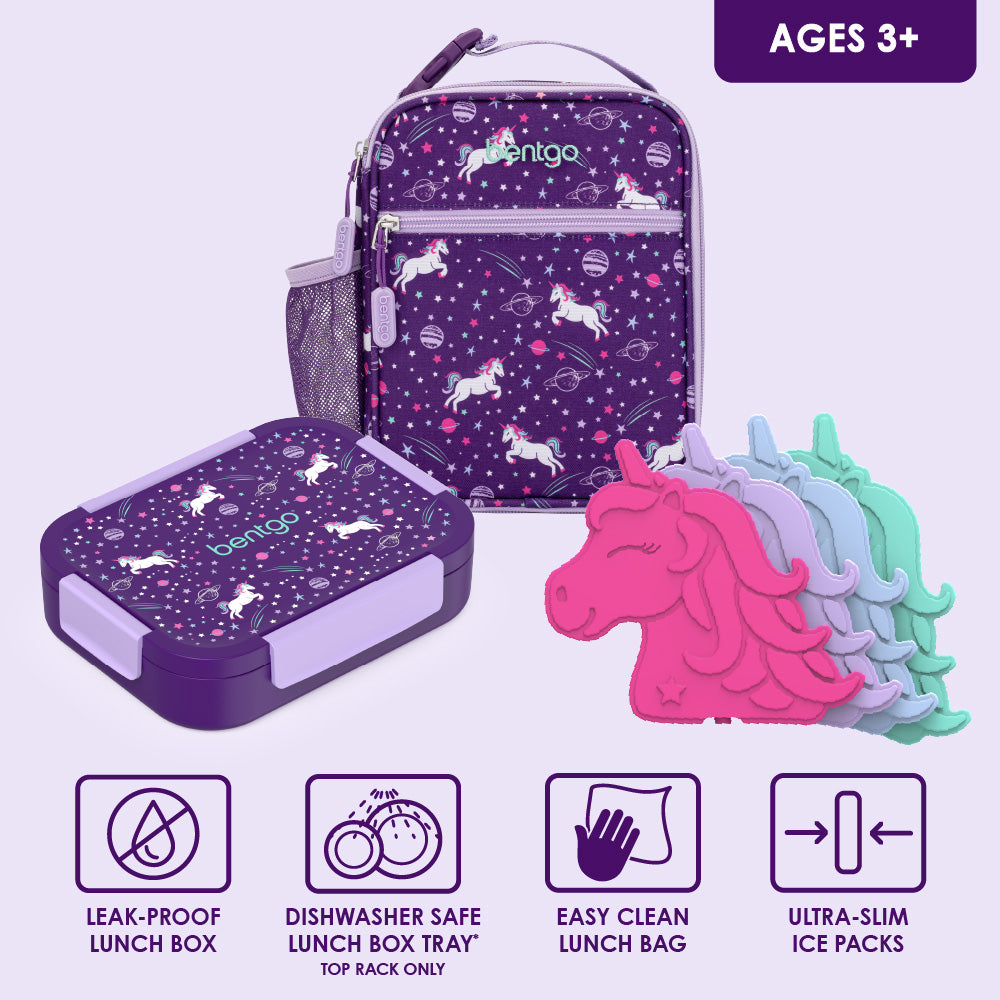 Bentgo® Kids Snap & Go Lunch Box, Insulated Lunch Tote, & Ice Packs - Unicorn | Leak-Proof Lunch Box, Dishwasher Safe Lunch Box Tray, Easy Clean Lunch Bag, And Ultra-Slim Ice Packs