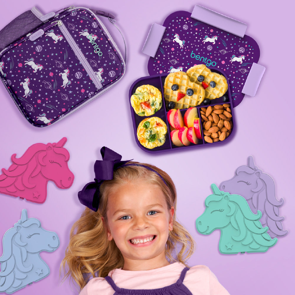 Bentgo® Kids Snap & Go Lunch Box, Insulated Lunch Tote, & Ice Packs - Unicorn | Get The 3-Piece Bundle Including Snap & Go Lunch Box, Insulated Lunch Tote, & Ice Packs