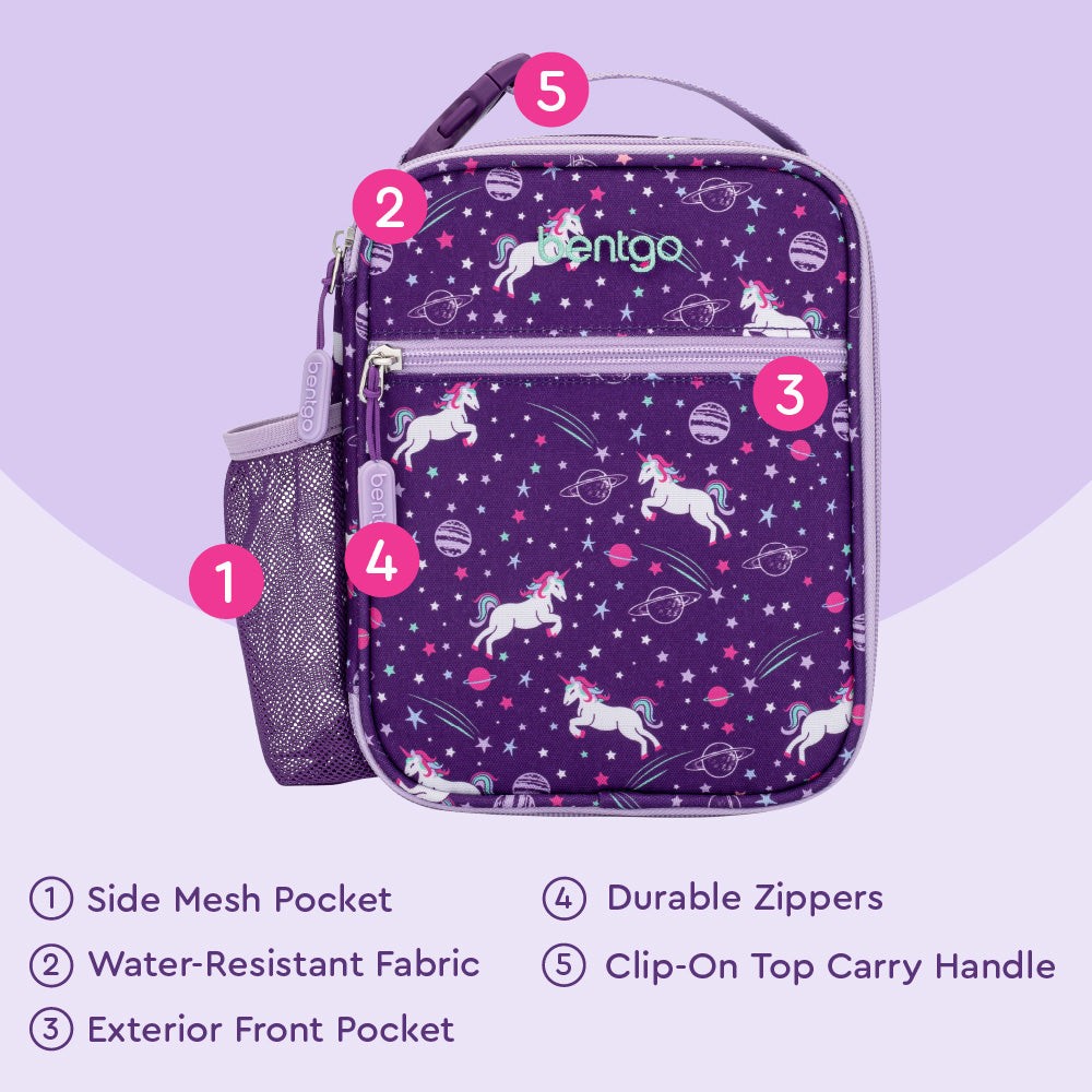 Bentgo® Kids Snap & Go Lunch Box, Insulated Lunch Tote, & Ice Packs - Unicorn | Insulated Lunch Tote Features Side Mesh Pocket, Water-Resistant Fabric, Durable Zippers And More