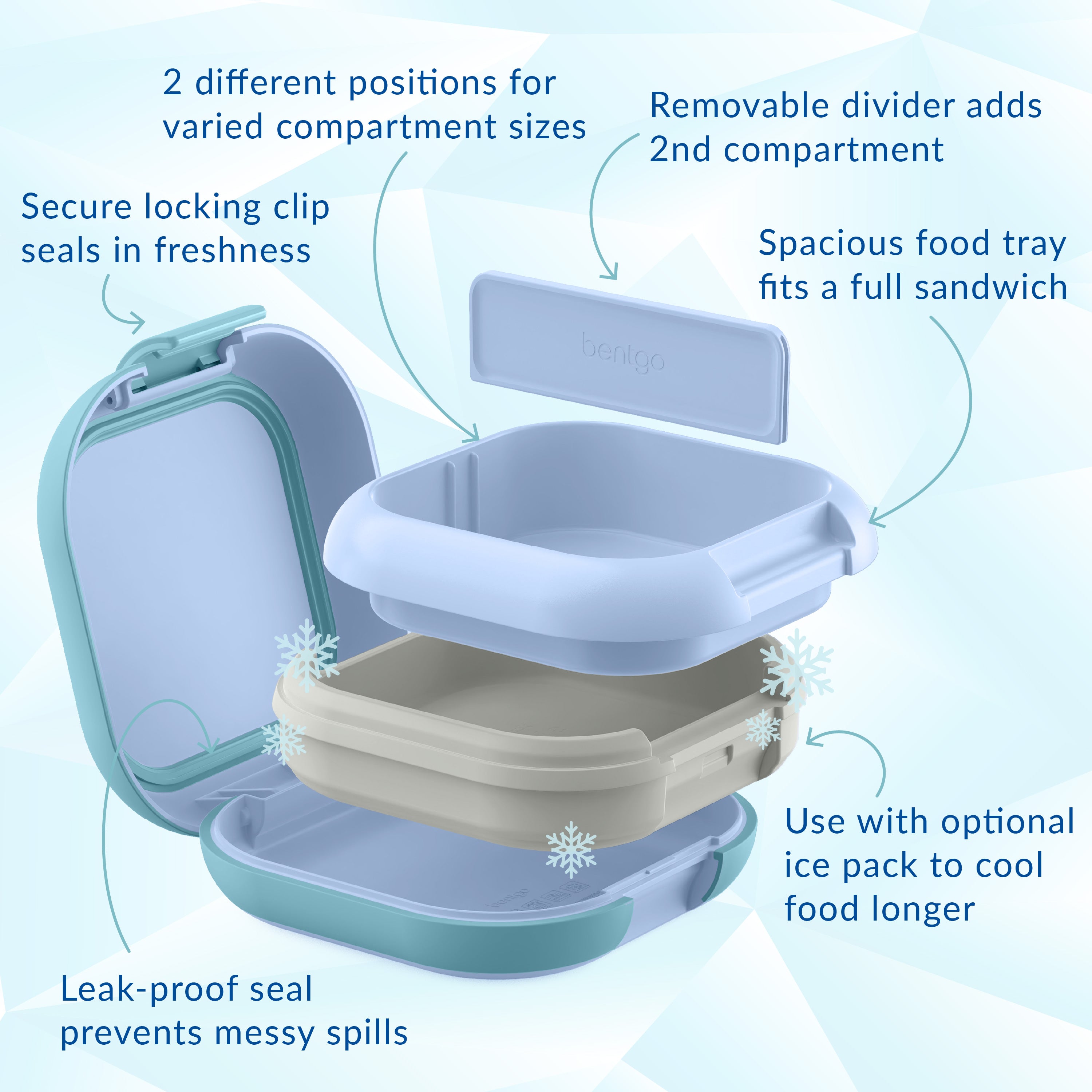 Bentgo® Chill Mini Lunch Box - Tide Blues | Secure Locking Clips Seals In Freshness, Spacious Food Tray Fits A Full Sandwich, Use With Optional Ice Pack To Cool Food Longer, Leak-proof Seal Prevents Messy Spills, Removable Divider To Add 2nd Compartment, And 2 Different Positions For Varied Compartment Sizes