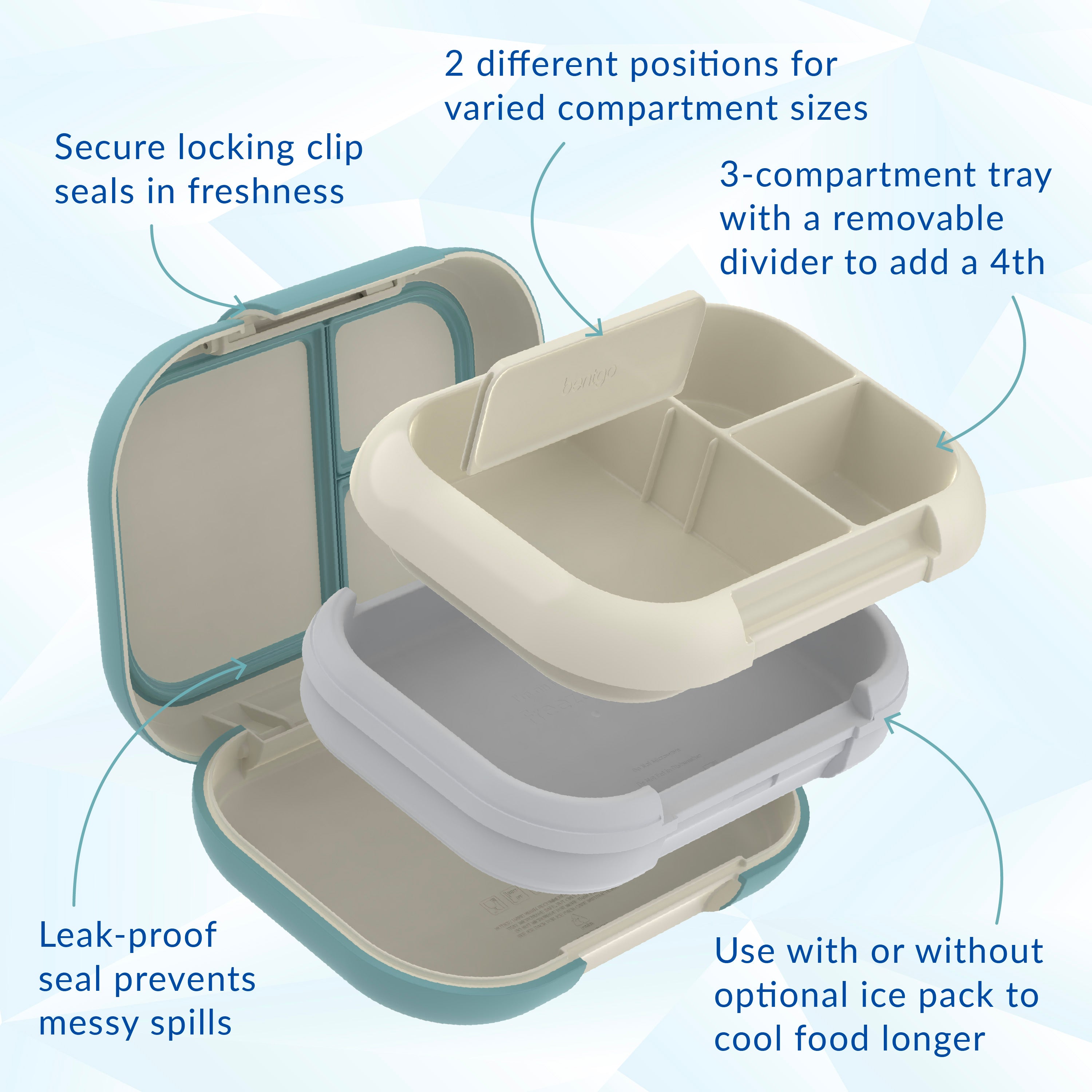 
Bentgo® Chill Max Lunch Box  - Bone and Glacier Blue | Secure Locking Clip, 2 Different Positions For Varied Compartment Sizes, 3-Compartment Tray With A Removable Divider To Add A 4th, Leak-Proof Seal Prevents Messy Spills, And Use With Or Without Optional Ice Pack To Cool Food Longer