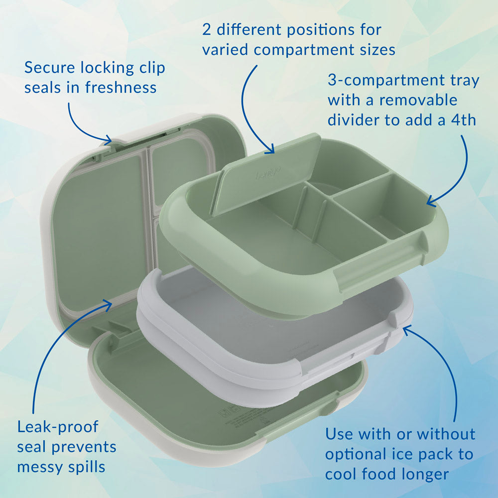 Bentgo® Chill Max Lunch Box - Clay Green and Gray | Secure Locking Clip, 2 Different Positions For Varied Compartment Sizes, 3-Compartment Tray With A Removable Divider To Add A 4th, Leak-Proof Seal Prevents Messy Spills, And Use With Or Without Optional Ice Pack To Cool Food Longer