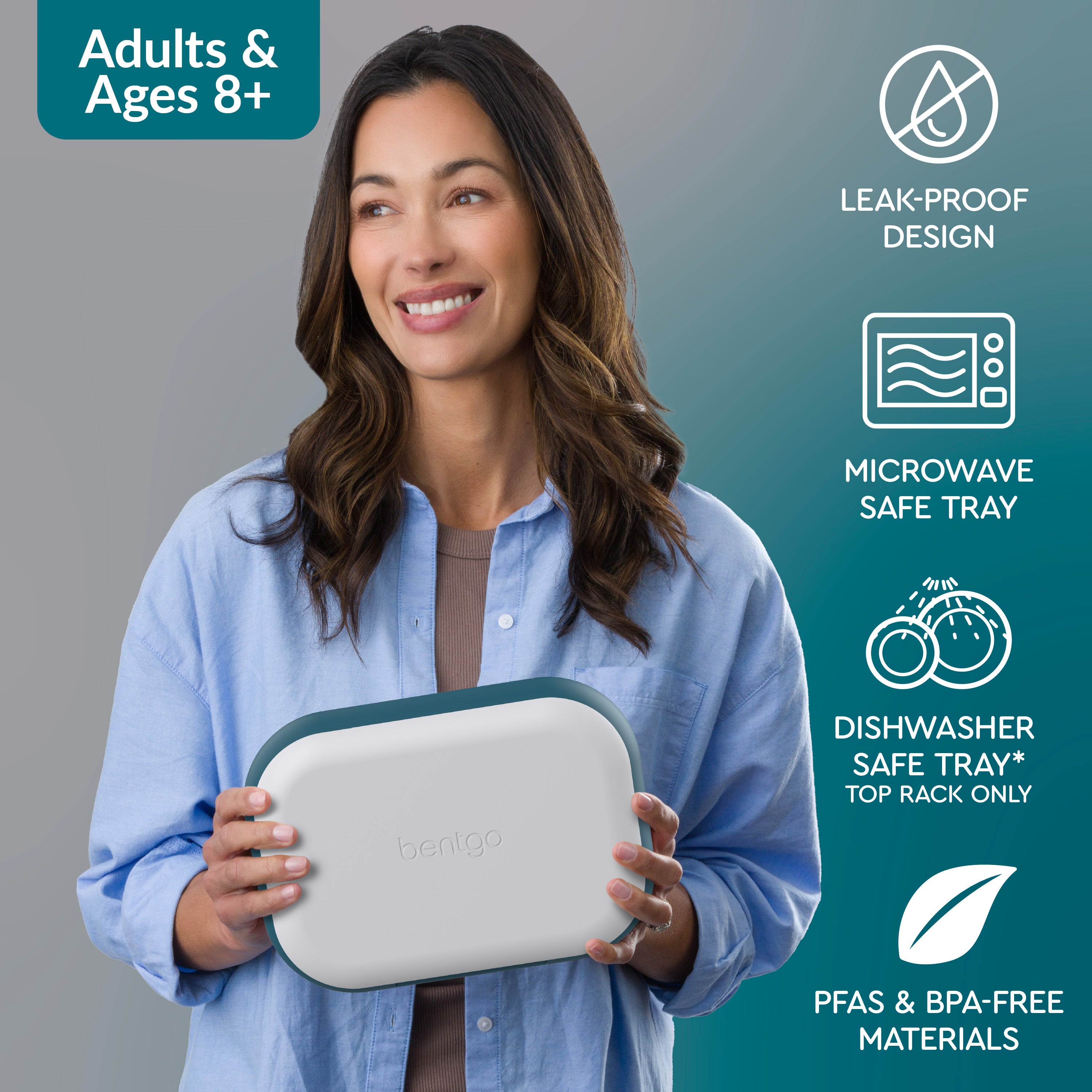 Bentgo® Chill Max Lunch Box  - Fog and Deep Teal | Leak-Proof Design, Microwave Safe Tray, Dishwasher Safe Tray (Top Rack Only), And Made With PFAS & BPA-Free Materials