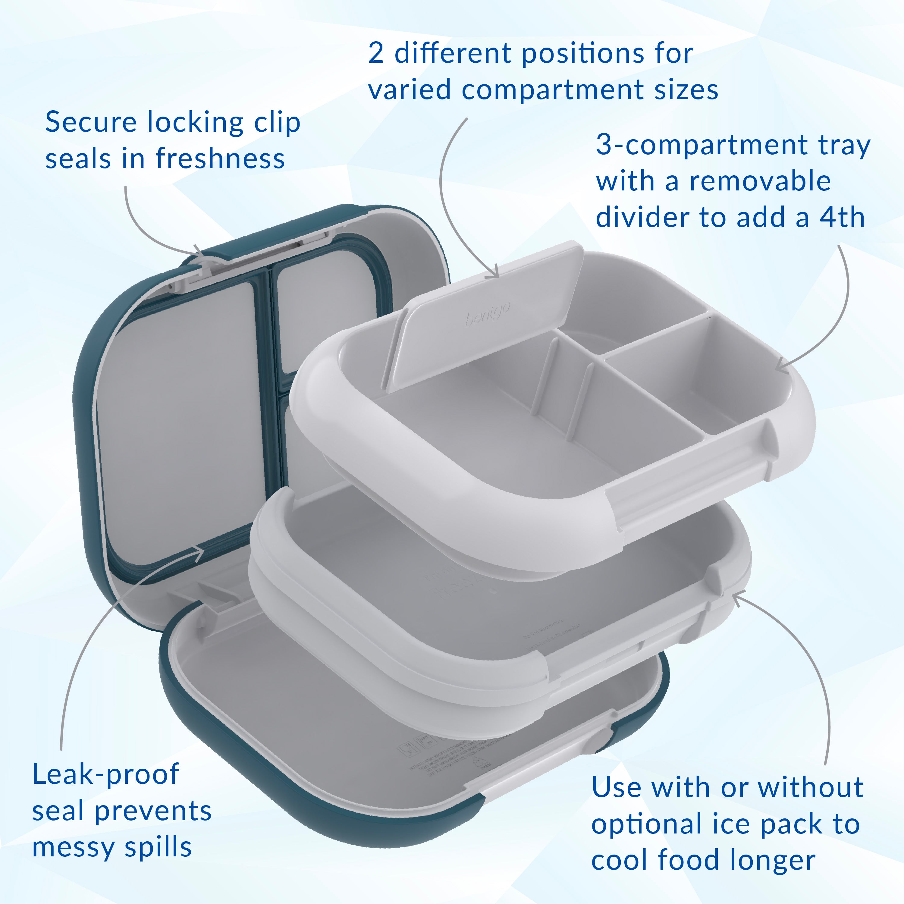 Bentgo® Chill Max Lunch Box  - Fog and Deep Teal | Secure Locking Clip, 2 Different Positions For Varied Compartment Sizes, 3-Compartment Tray With A Removable Divider To Add A 4th, Leak-Proof Seal Prevents Messy Spills, And Use With Or Without Optional Ice Pack To Cool Food Longer