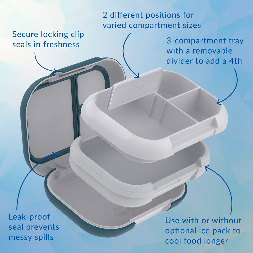 Bentgo® Chill Max Lunch Box - Fog and Deep Teal | Secure Locking Clip, 2 Different Positions For Varied Compartment Sizes, 3-Compartment Tray With A Removable Divider To Add A 4th, Leak-Proof Seal Prevents Messy Spills, And Use With Or Without Optional Ice Pack To Cool Food Longer