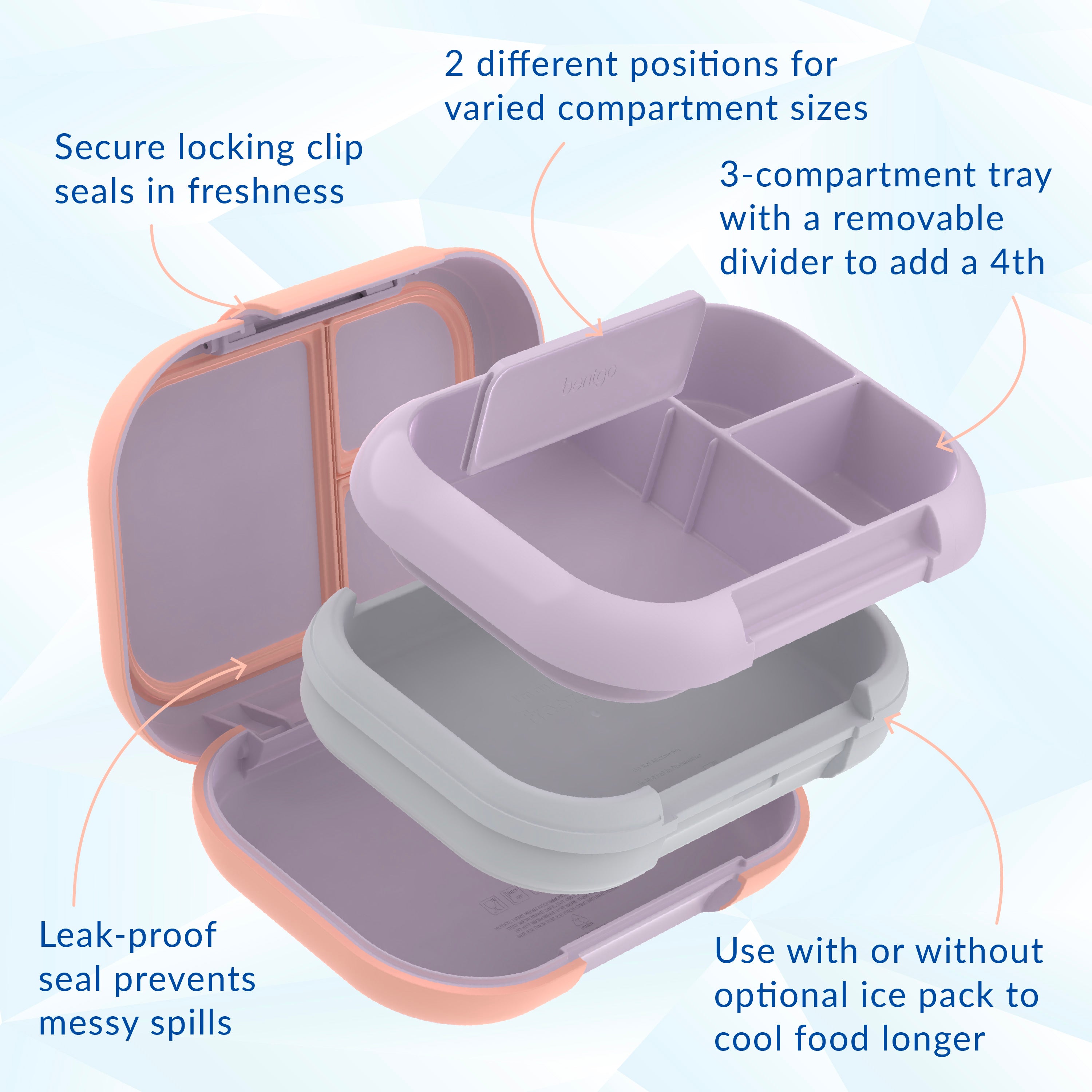 Bentgo® Chill Max Lunch Box  - Lavender and Peach | Secure Locking Clip, 2 Different Positions For Varied Compartment Sizes, 3-Compartment Tray With A Removable Divider To Add A 4th, Leak-Proof Seal Prevents Messy Spills, And Use With Or Without Optional Ice Pack To Cool Food Longer