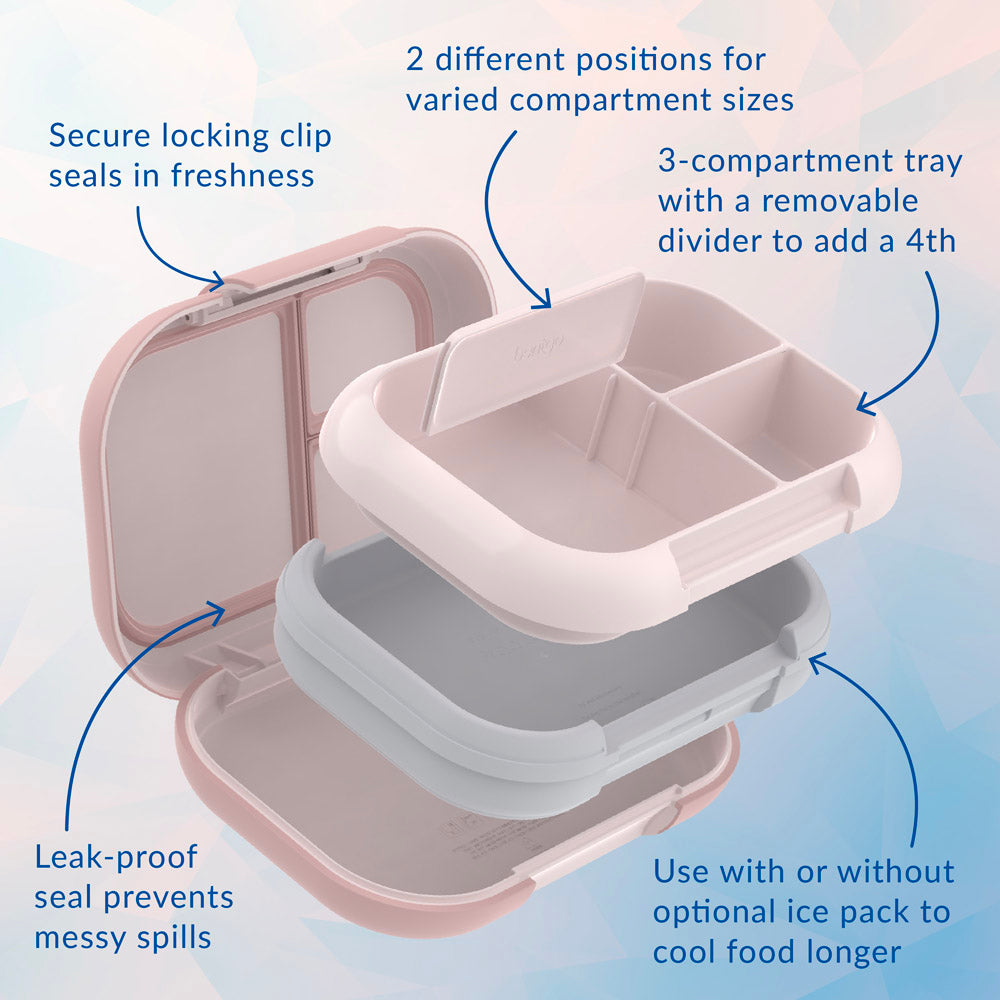 Bentgo® Chill Max Lunch Box - Pink Cloud and Blush | Secure Locking Clip, 2 Different Positions For Varied Compartment Sizes, 3-Compartment Tray With A Removable Divider To Add A 4th, Leak-Proof Seal Prevents Messy Spills, And Use With Or Without Optional Ice Pack To Cool Food Longer