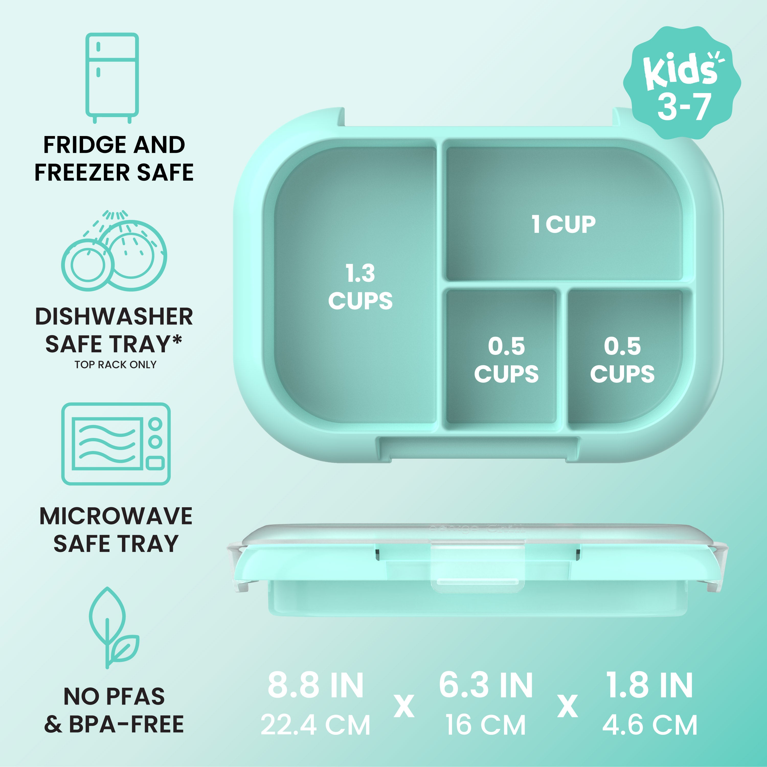 Bentgo® Chill Kids Tray with Transparent Cover - Aqua -  Fridge And Freezer, Dishwasher Safe Tray, Microwave Safe Tray, And No PFAs & BPA-Free - Product Dimensions