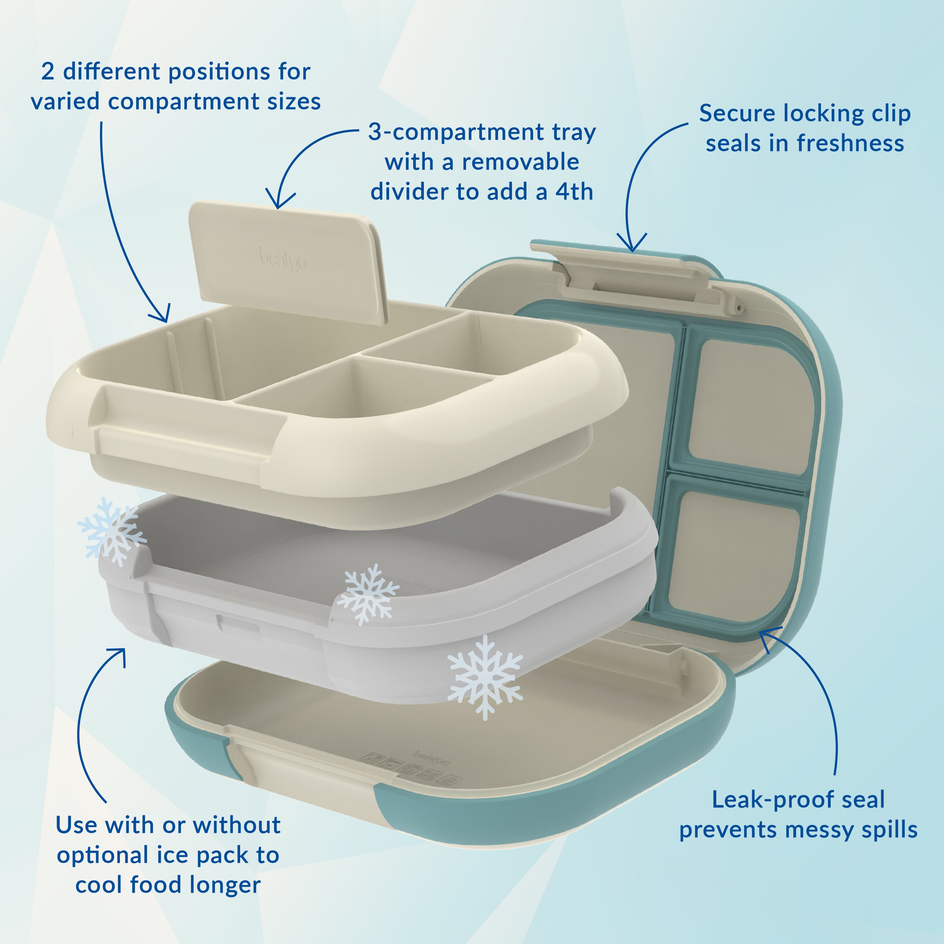 Bentgo® Chill Max Lunch Box (2-Pack) - Bone and Glacier Blue | 2 Different Positions For Varied Compartment Sizes, 3-Compartment Tray With A Removable Divider To Add A 4th, Leak-Proof Seal Prevents Messy Spills, And Use With Or Without Optional Ice Pack To Cool Food Longer, and  Secure Locking Clip Seals In Freshness