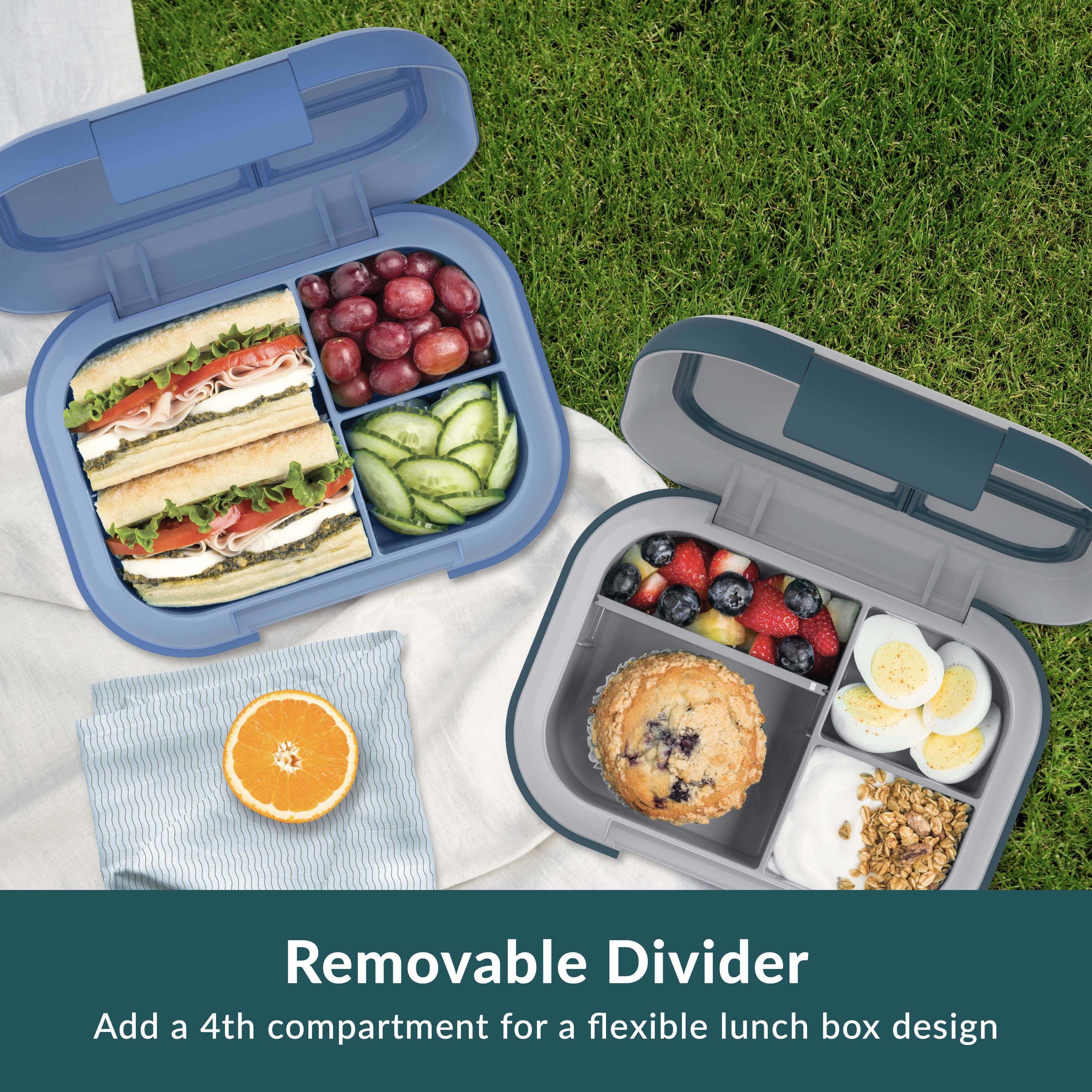 Bentgo® Chill Max Lunch Box (2-Pack)  - Fog/Deep Teal & Canal/Sail Blue | Removable Divider - Add A 4th Compartment For A Flexible Lunch Box Design