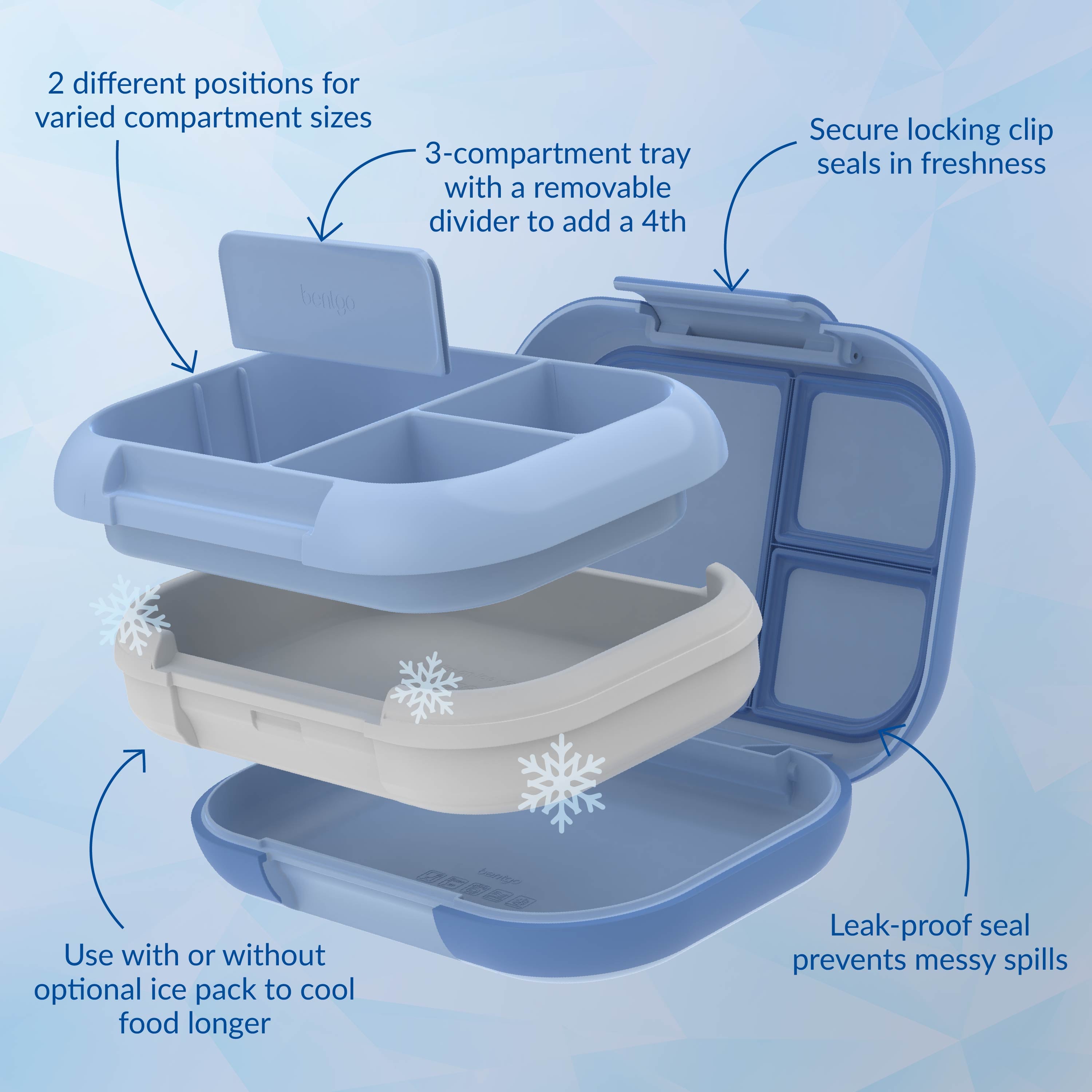 Bentgo® Chill Max Lunch Box (2-Pack)  - Fog/Deep Teal & Canal/Sail Blue | Secure Locking Clip, 3-Compartment Tray With A Removable Divider To Add A 4th, Use With Or Without Optional Ice Pack To Cool Food Longer, Leak-Proof Seal Prevents Messy Spills, And 2 Different Positions For Varied Compartment Sizes