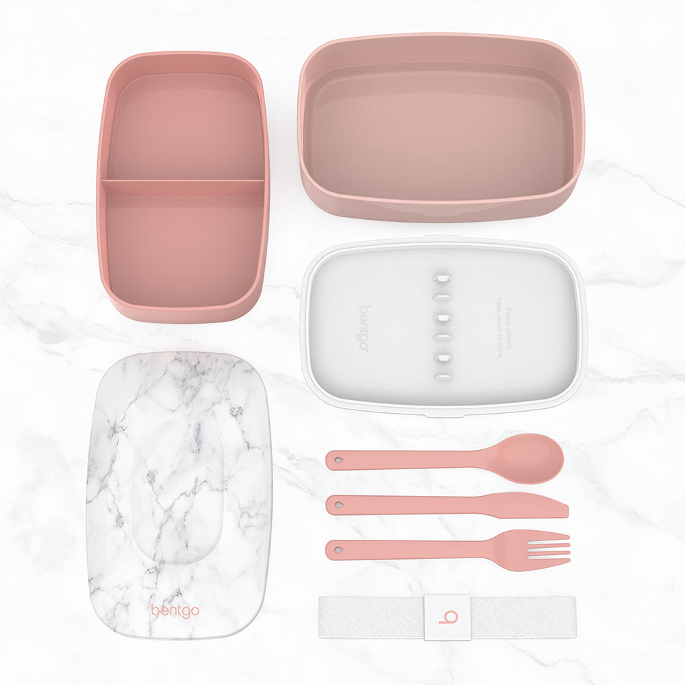 Bentgo® Classic Lunch Box (2-Pack) - Blush Marble | This Classic Lunch Box (2-Pack) Includes A Plastic Utensil Set And Three Different Food Compartments Held Together With A Nylon Strap