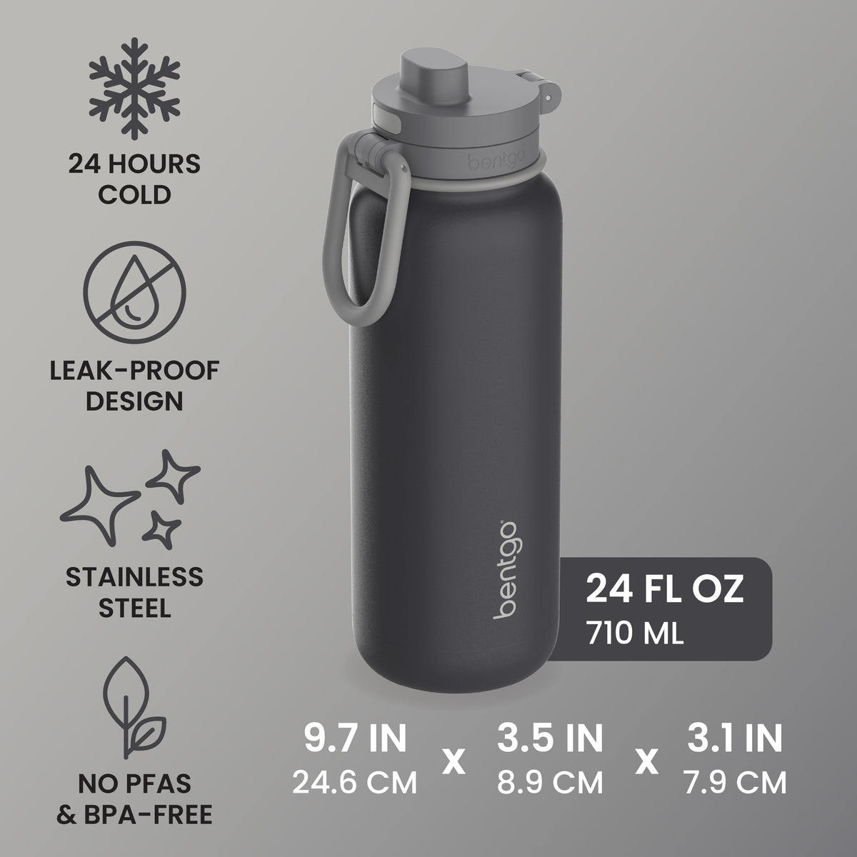 Bentgo® Flip Leak-Proof Water Bottle | Tweed - 24 Hours Cold, Leak-Proof Design, Stainless Steel, and No PFAs & BPA-Free - Product Dimensions