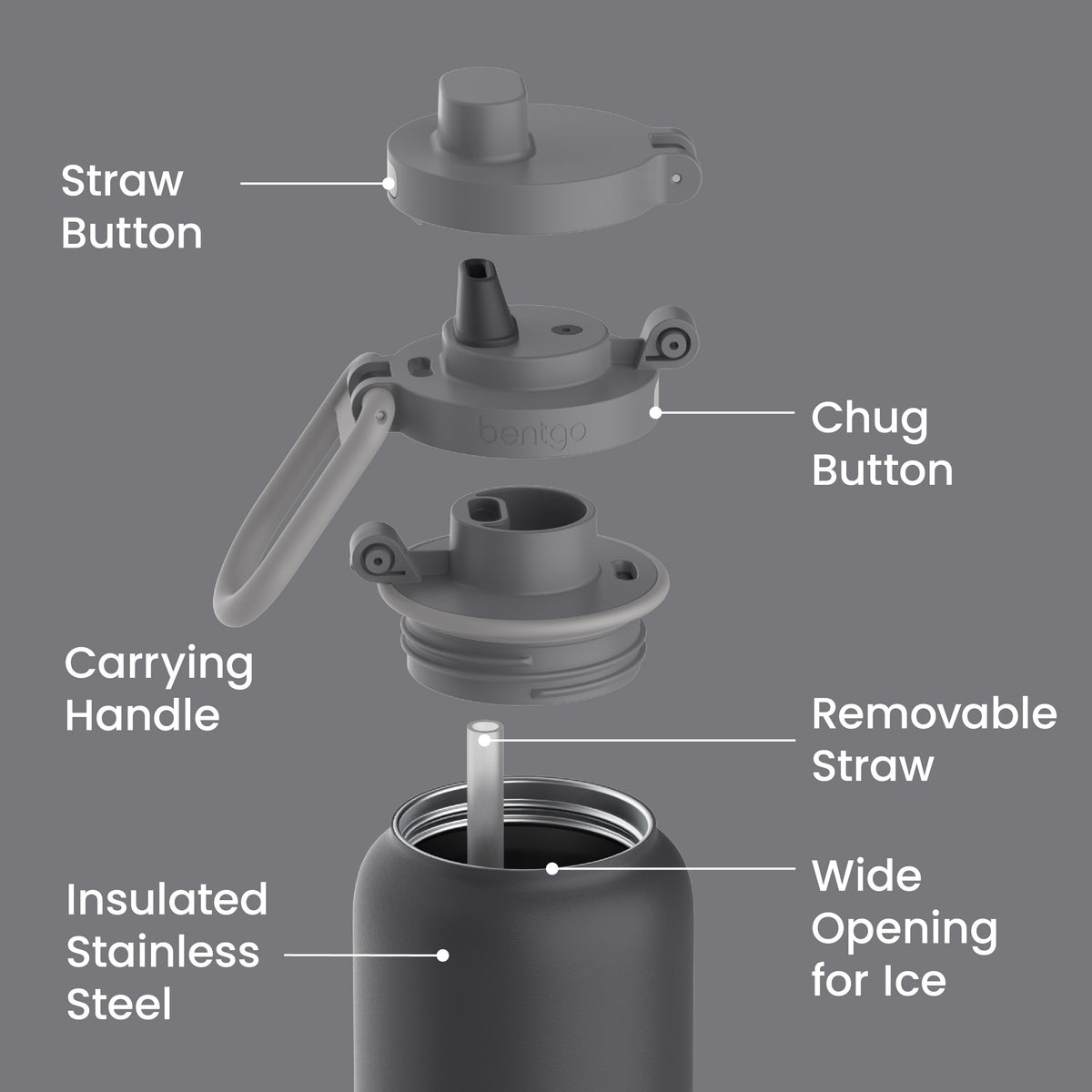 Bentgo® Flip Leak-Proof Water Bottle | Tweed - Straw Button, Chug Button, Carrying Handle, Removable Straw, Insulated Stainless Steel, and Wide Opening For Ice