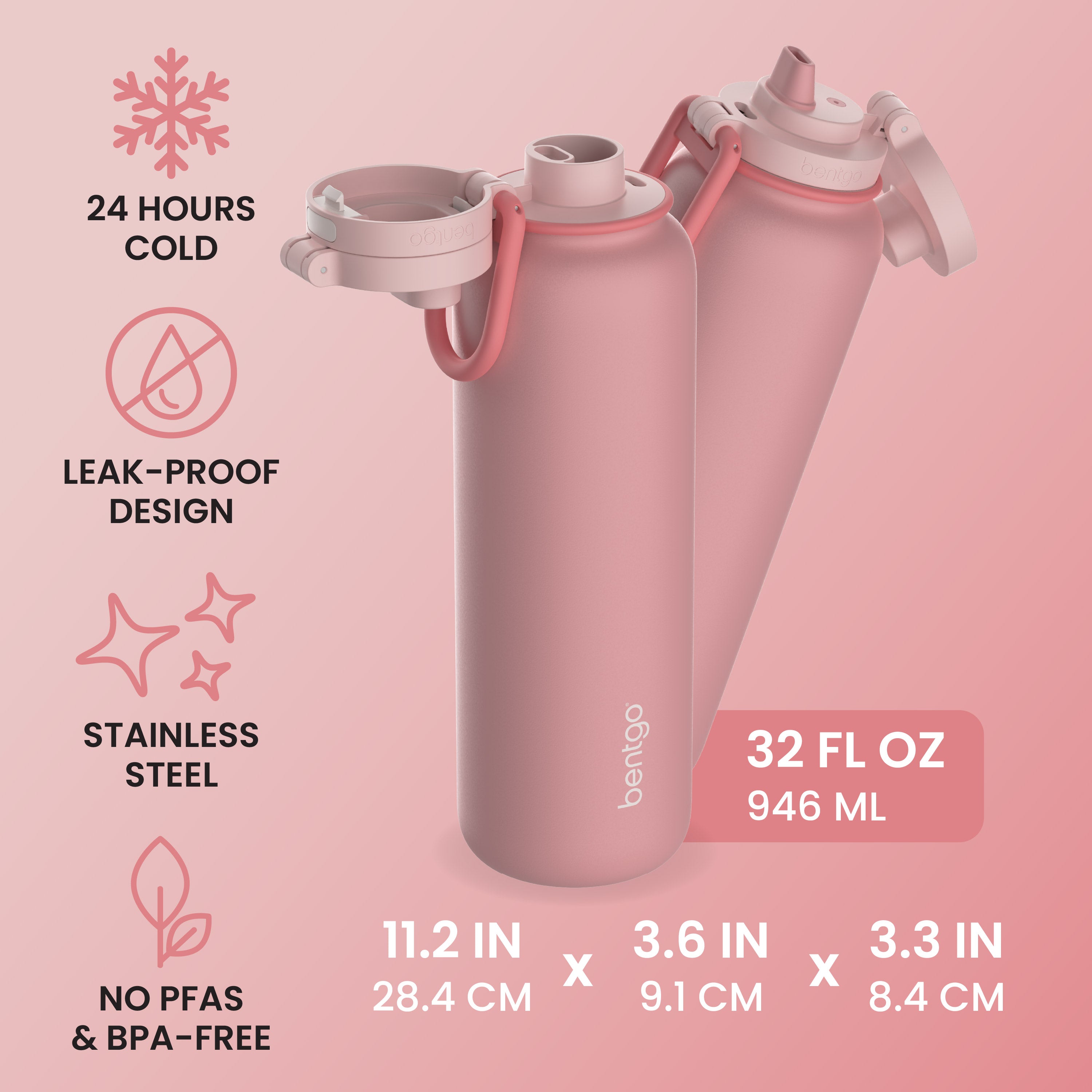 Bentgo® Flip Leak-Proof Water Bottle | Blushing - 24 Hours Cold, Leak-Proof Design, Stainless Steel, and No PFAs & BPA-Free - Product Dimensions