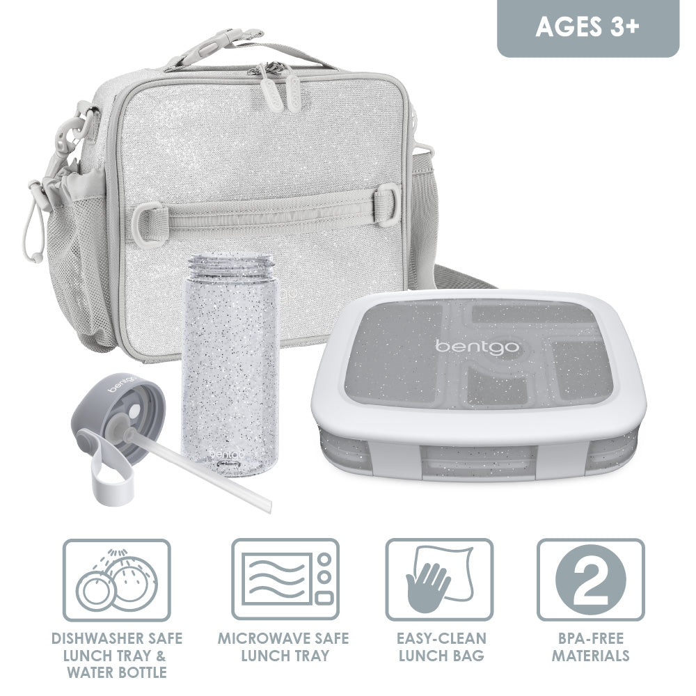 Bentgo® Kids Glitter Lunch Set - Silver Glitter | Dishwasher Safe Lunch Tray & Water Bottle, Microwave Safe Lunch Tray, Easy-Clean Lunch Bag, And Made With BPA-Free Materials