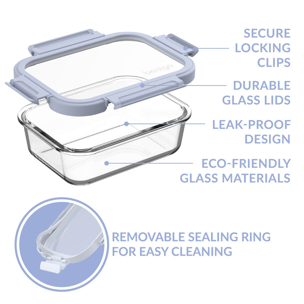 Bentgo®️ Glass Leak-Proof Food Storage Set (4pc) - Frost/Periwinkle | Container that features secure locking clips, durable glass lids, and more