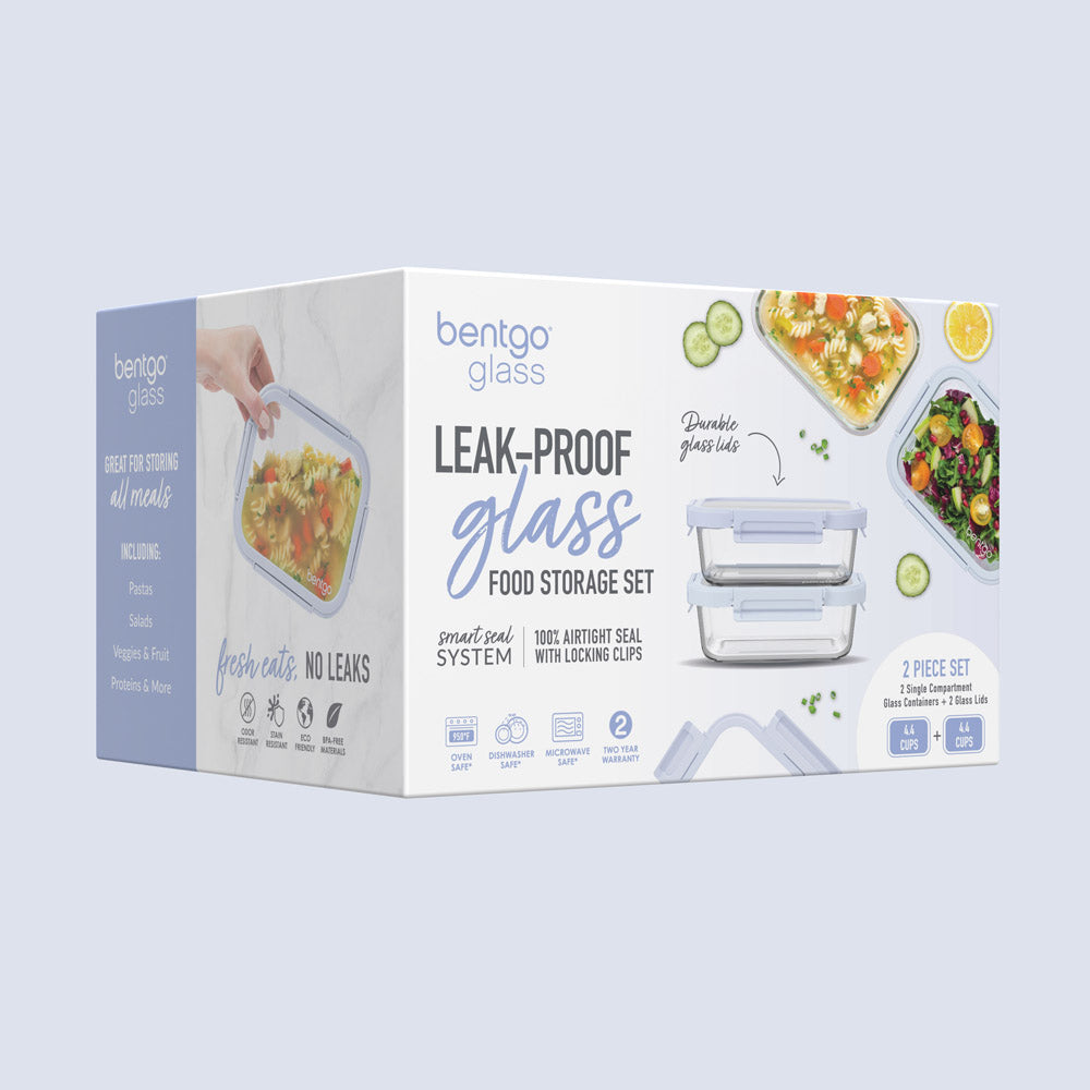 Bentgo®️ Glass Leak-Proof Food Storage Set (4pc) - Frost/Periwinkle |  Leak-Proof Glass Food Storage Set Packaging