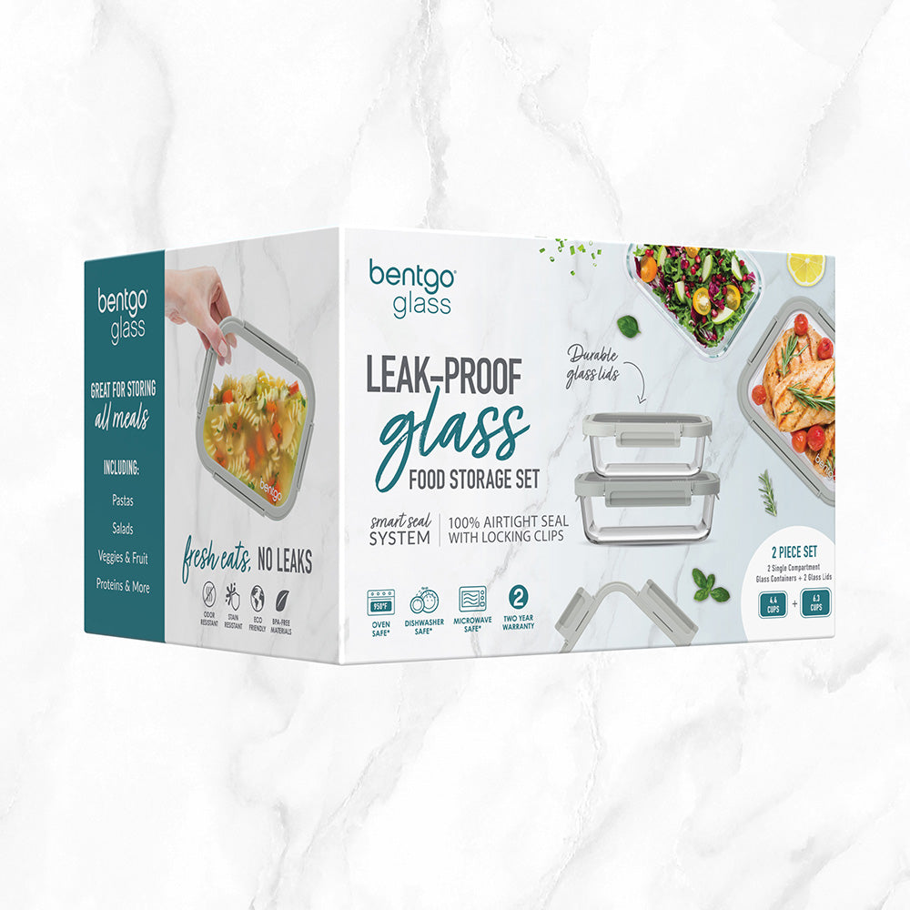 Bentgo Glass Leak-Proof Food Storage 4-Piece Set (One 4.4 Cup Container and One 6.3 Cup Container) | Bentgo® Official Site