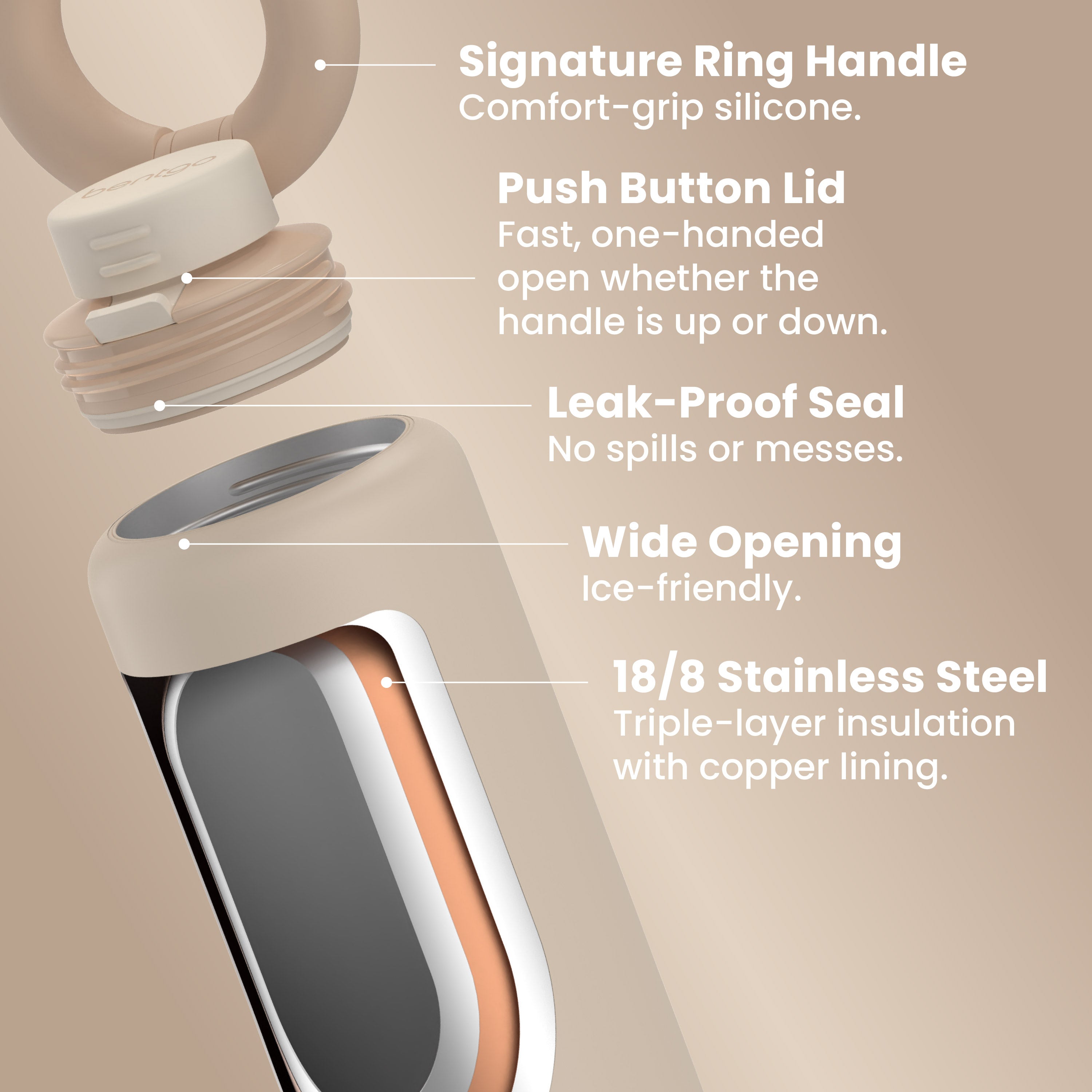 Bentgo® Lift Water Bottle | Latte - Signature Ring Handle (Comfort-Grip Silicone), Push Button Lid (Fast, One-Handed Open Whether The Handle Is Up Or Down), Leak-Proof Seal (No Spills Or Messes), Wide Opening (Ice-Friendly), and 18/8 Stainless Steel (Triple-Layer Insulation With Copper Lining