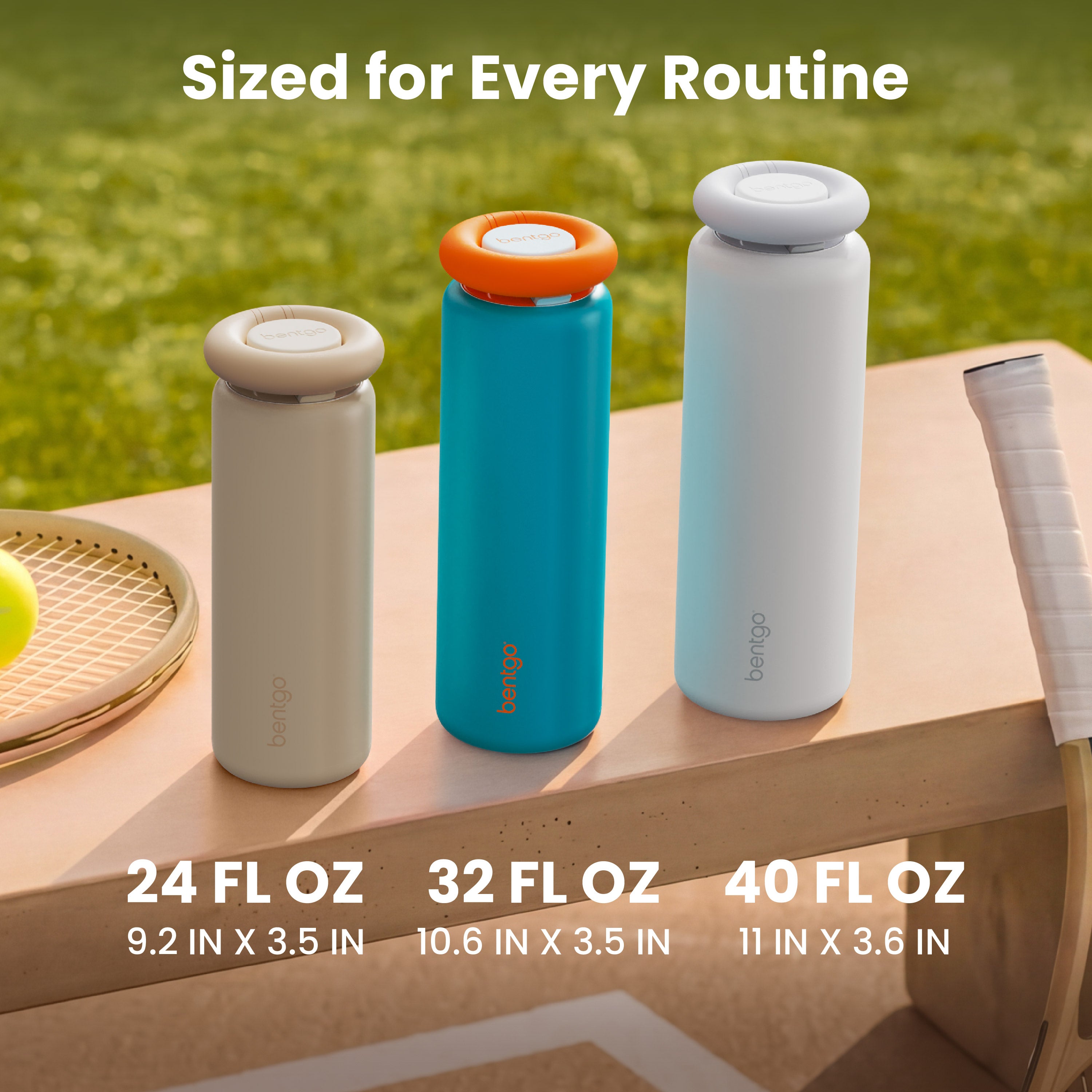 Bentgo® Lift Water Bottle | Latte - Sized For Every Routine (24 Fl Oz, 32 Fl Oz, 40 Fl Oz) and Product Dimensions