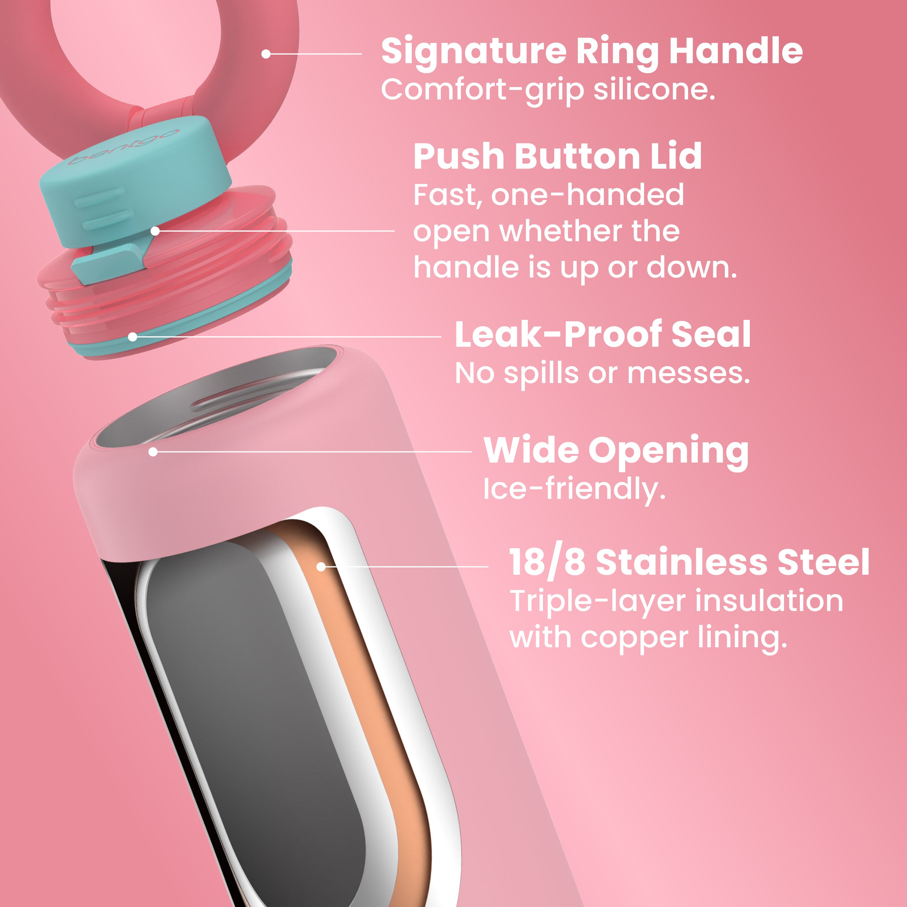 Bentgo® Lift Water Bottle | Bubblegum - Signature Ring Handle (Comfort-Grip Silicone), Push Button Lid (Fast, One-Handed Open Whether The Handle Is Up Or Down), Leak-Proof Seal (No Spills Or Messes), Wide Opening (Ice-Friendly), and 18/8 Stainless Steel (Triple-Layer Insulation With Copper Lining