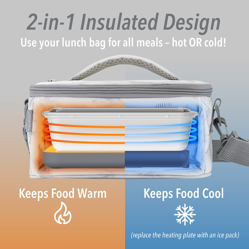 Bentgo® Heat Electric Lunch Bag - White Marble | This All-In-One Food Warmer Includes A Thermal-Insulated Lunch Bag, Warming Plate, And Much More