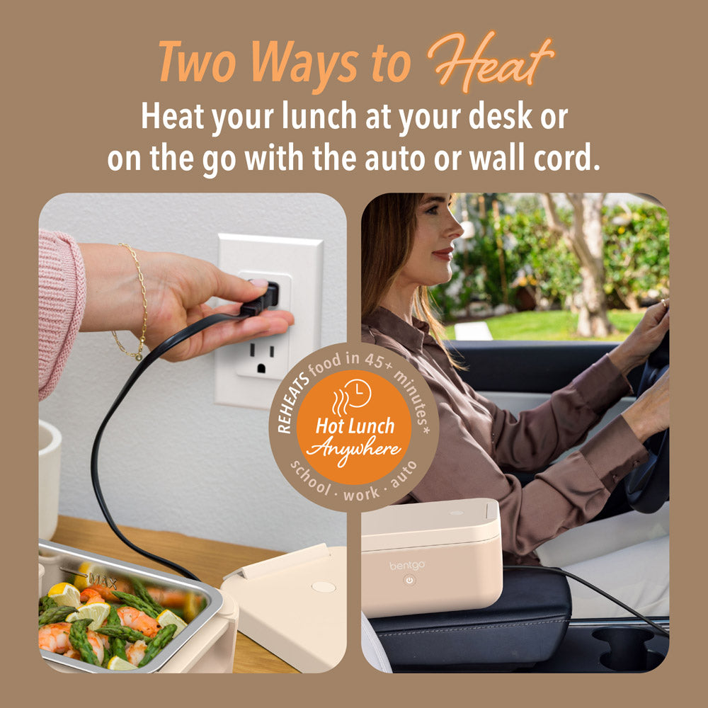 Bentgo® Heat Electric Lunch Box  - Latte | Two Ways To Heat - Heat Your Lunch At Your Desk Or On The Go With The Auto Or Wall Cord