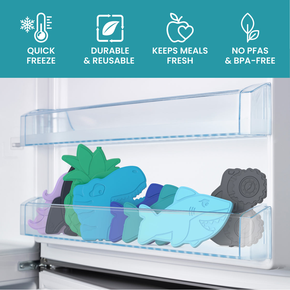 Bentgo Buddies Reusable Ice Packs - Sharks | Quick Freeze, Durable & Reusable, Keeps Meals Fresh, and No PFAs & BPA-Free
