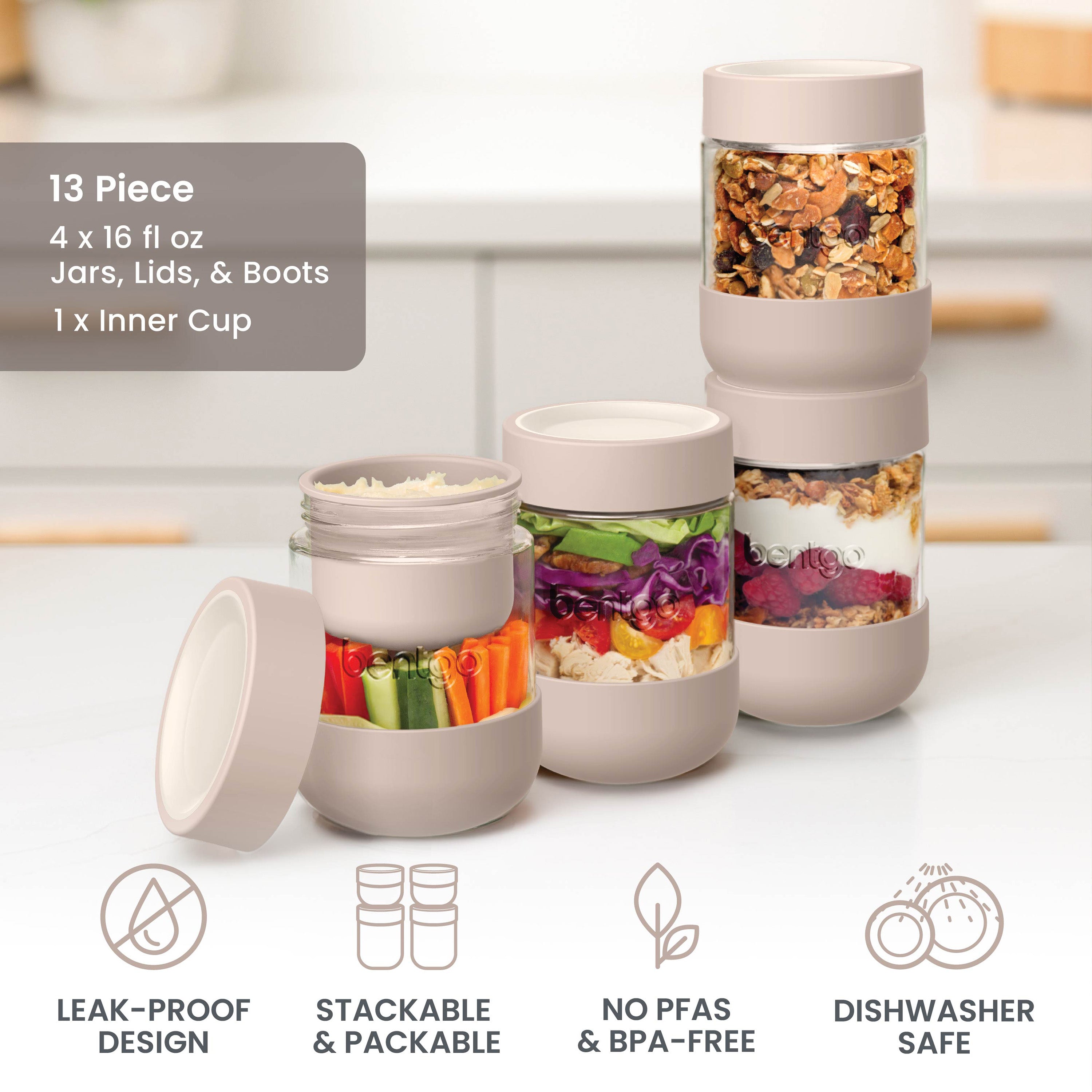 Bentgo® Leak-Proof Glass Food Jars, Boots, & Inner Cup | Moondust - Leak-Proof Design, Stackable and Packable, No PFAs and BPA- Free, and Dishwasher Safe