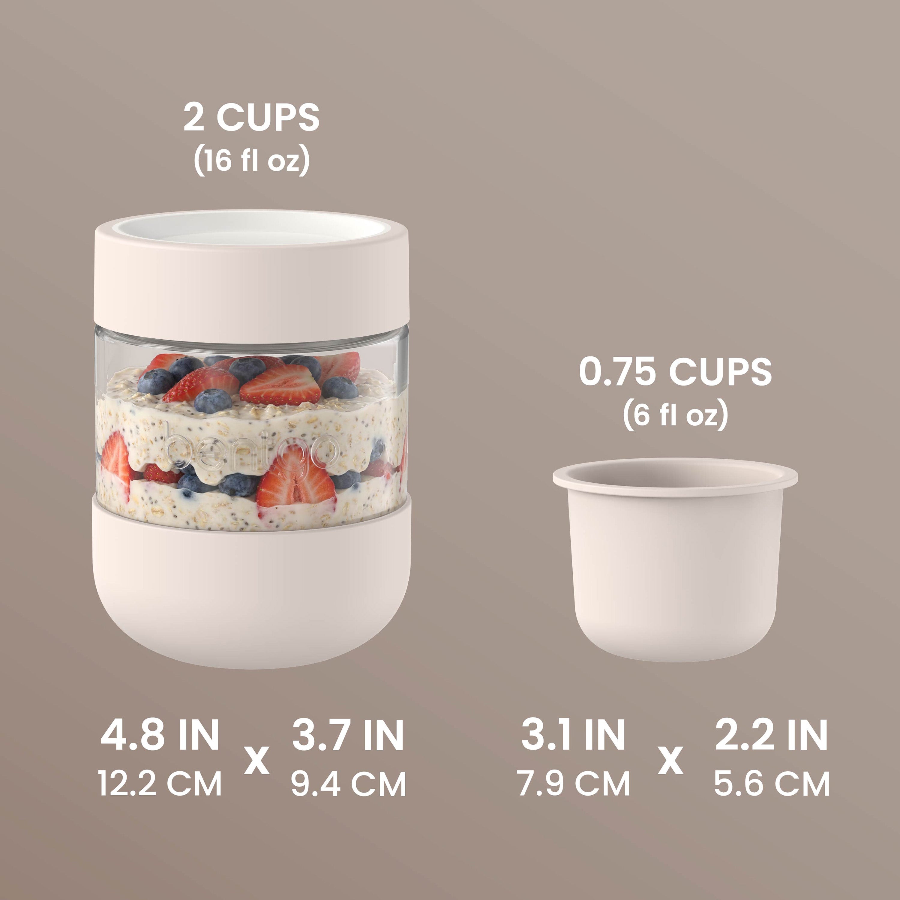 Bentgo® Leak-Proof Glass Food Jars, Boots, & Inner Cup | Moondust - 2 Cups (16 fl oz), 0.75 Cups (6 fl oz) and Product Dimensions
