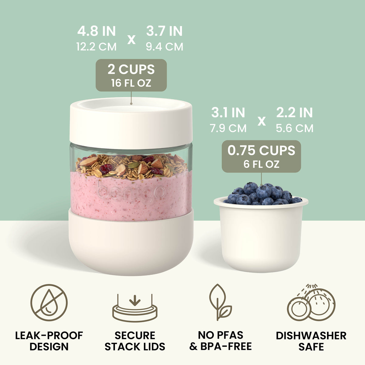 Bentgo® Glass Food Jar Set (14-Piece) - Desert Sage | Leak-Proof Design, Secure Stack Lids, No PFAS & BPA-Free, and Dishwasher Safe | Product Dimensions