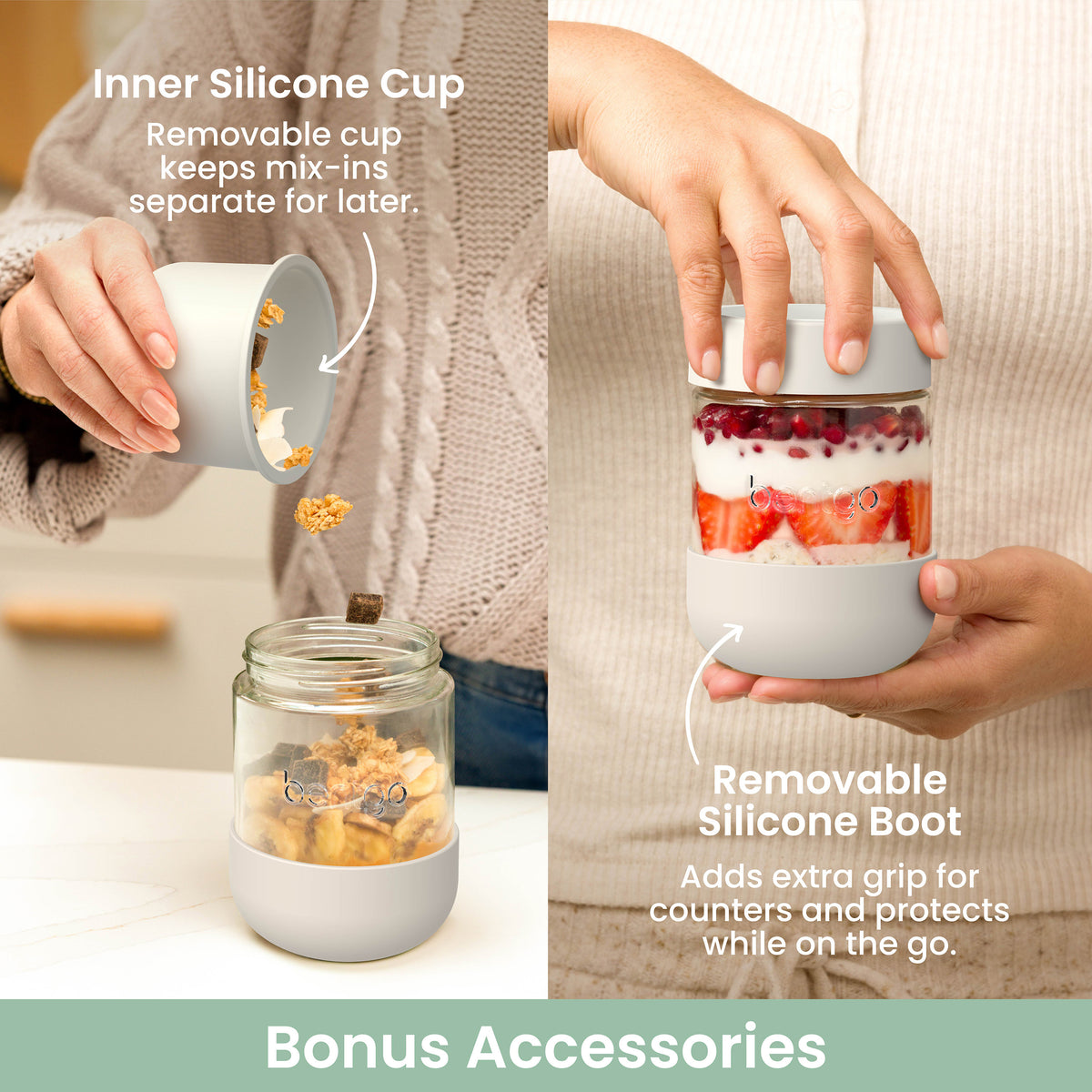 Bentgo® Glass Food Jar Set (14-Piece) - Desert Sage | Bonus Accessories - Inner Silicone Cup (Removable Cup Keeps Mix-Ins Separate For Later) and Removable Silicone Boot (Adds Extra Grip For Counters and Protects While On The Go)