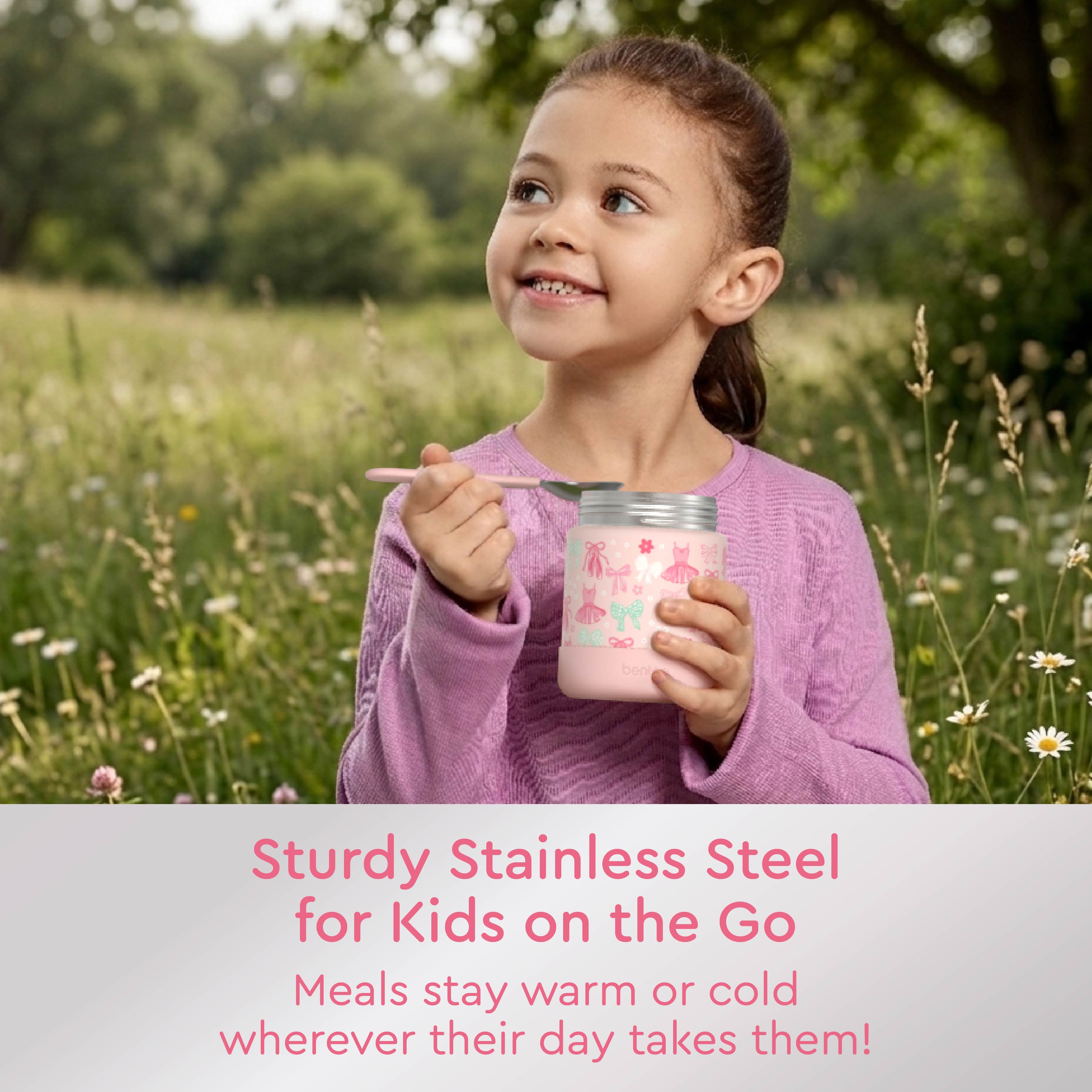 Bentgo® Kids Stainless Steel Food Jar - Ballet and Bows | Sturdy Stainless Steel For Kids On The Go - Meals Stay Warm Or Cold Wherever Their Day Takes Them!