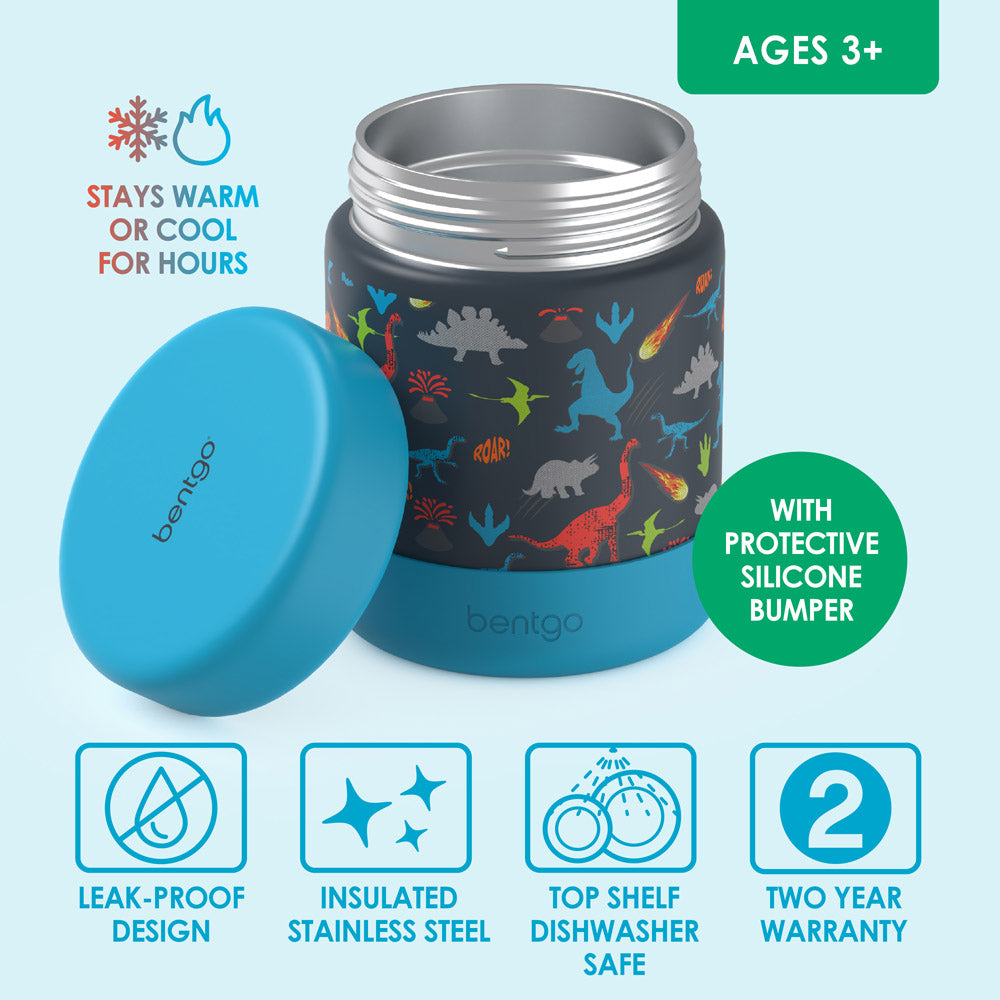 Bentgo® Kids Stainless Steel Food Jar - Dinosaur | Stainless Steel Food Jar Features Leak-Proof Design With Protective Silicone Bumper