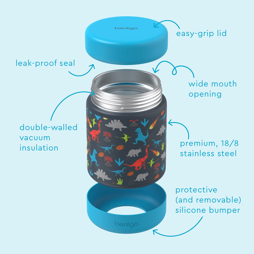 Bentgo® Kids Stainless Steel Food Jar - Dinosaur | Water Bottle Features Leak-Proof Seal, Easy-Grip Lid, Wide Mouth Opening, And Much More