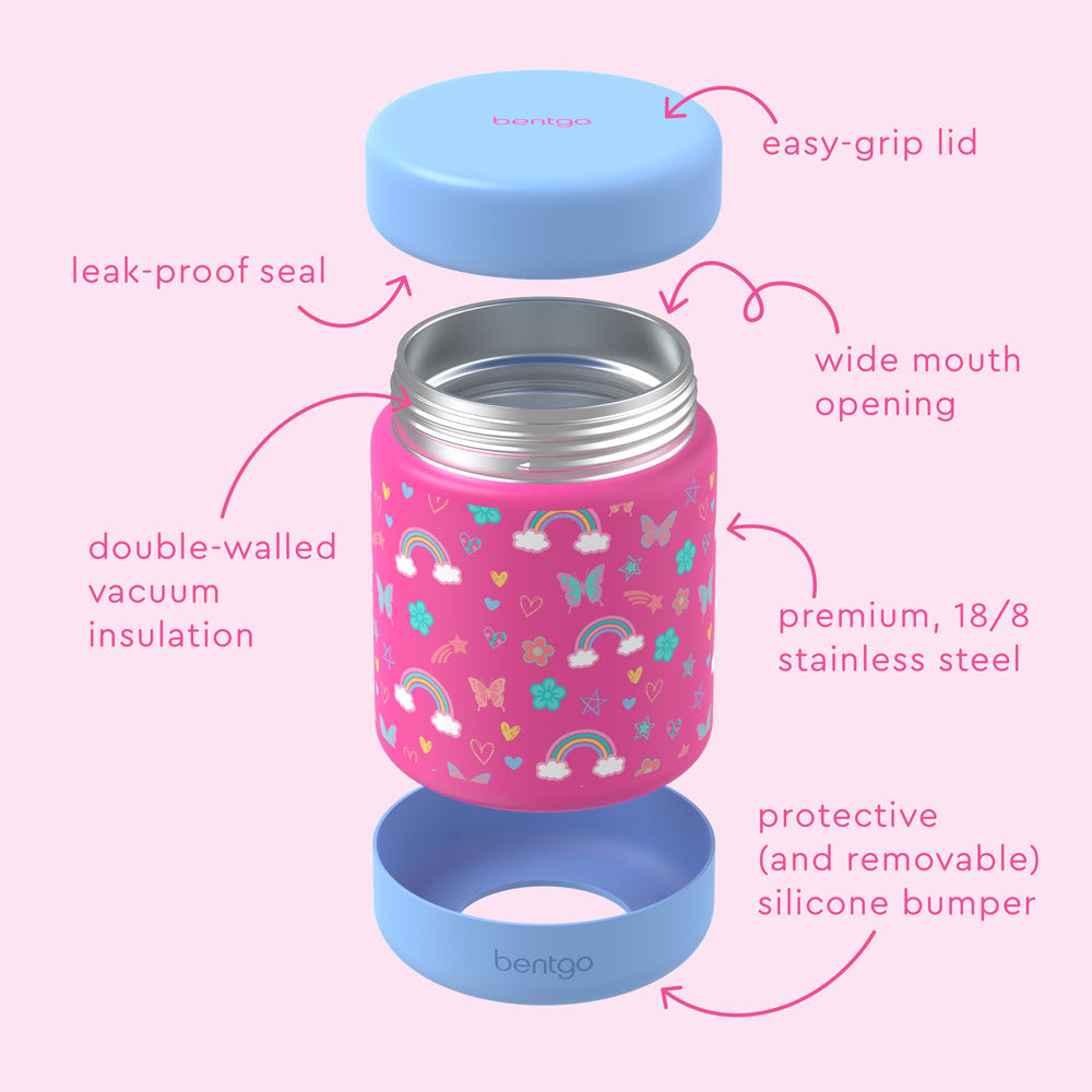 Bentgo® Kids Stainless Steel Food Jar - Rainbows and Butterflies | Water Bottle Features Leak-Proof Seal, Easy-Grip Lid, Wide Mouth Opening, And Much More