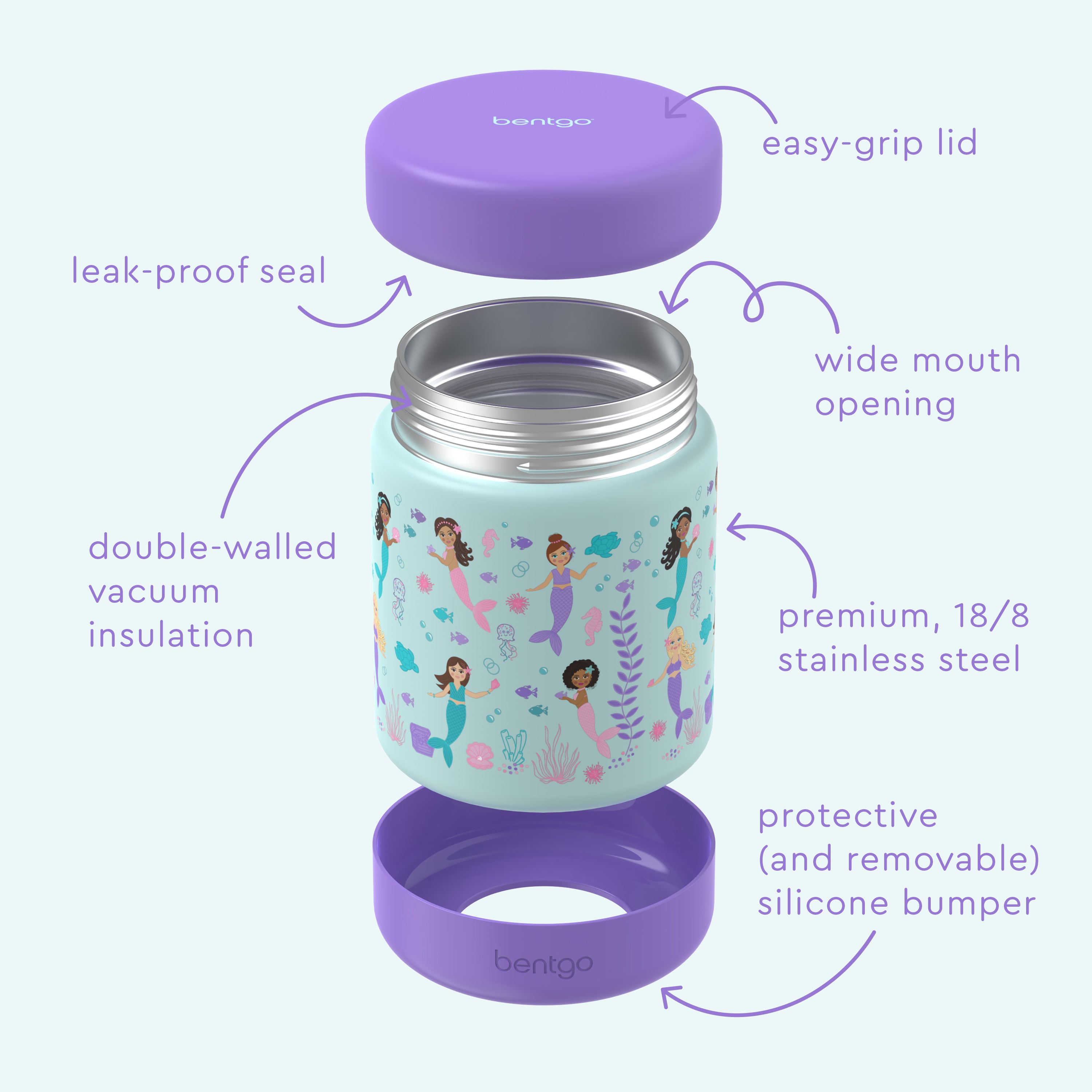 Bentgo® Kids Stainless Steel Food Jar - Mermaids in the Sea | Stainless Steel Food Jar Features Leak-Proof Seal, Easy-Grip Lid, Wide Mouth Opening, And Much More
